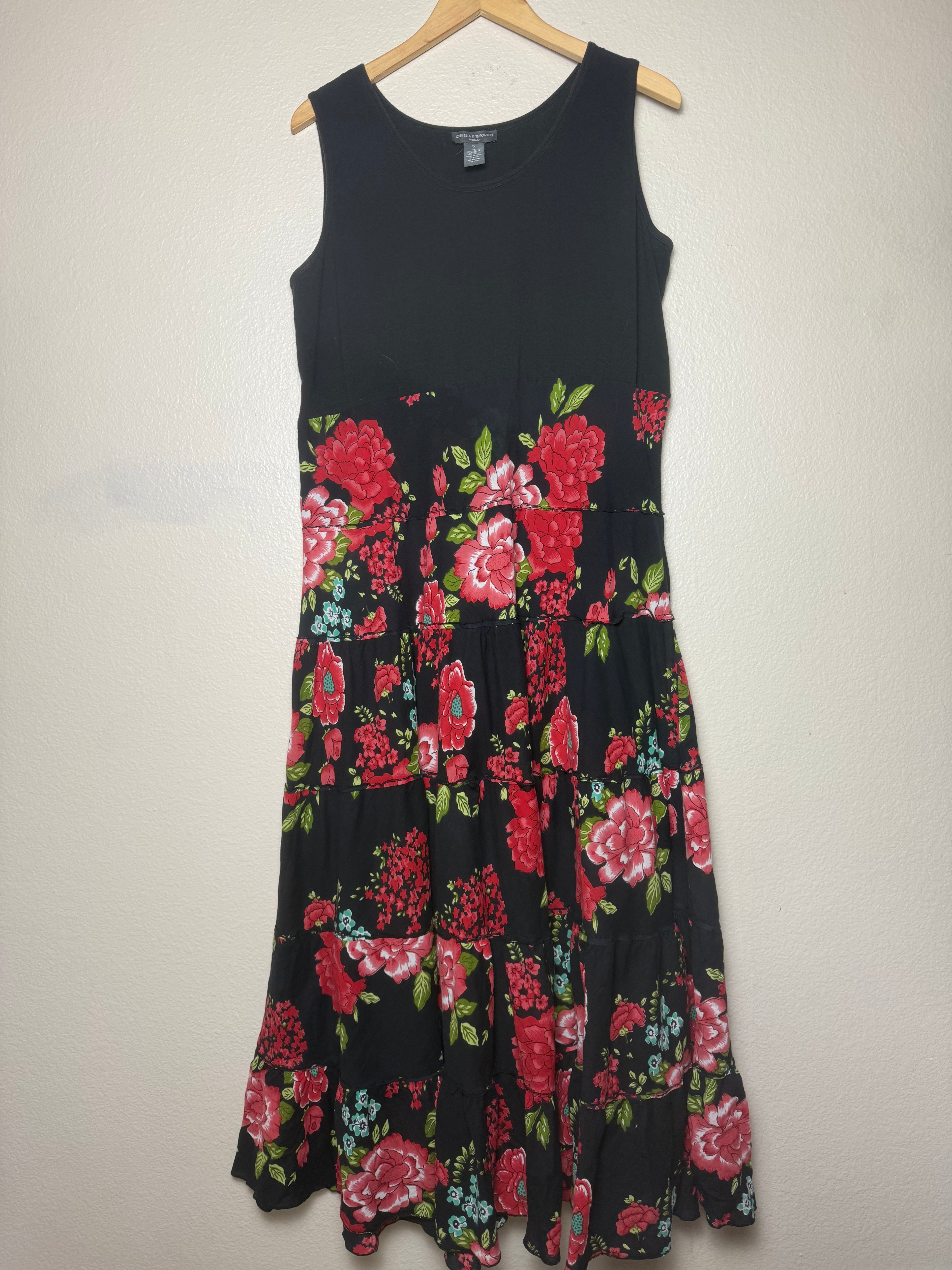 Chelsea & Theodore 97% Cotton 3% Spandex 100% Cotton Skirt 1X Black and Rose Print Tank Top Maxi Dress
