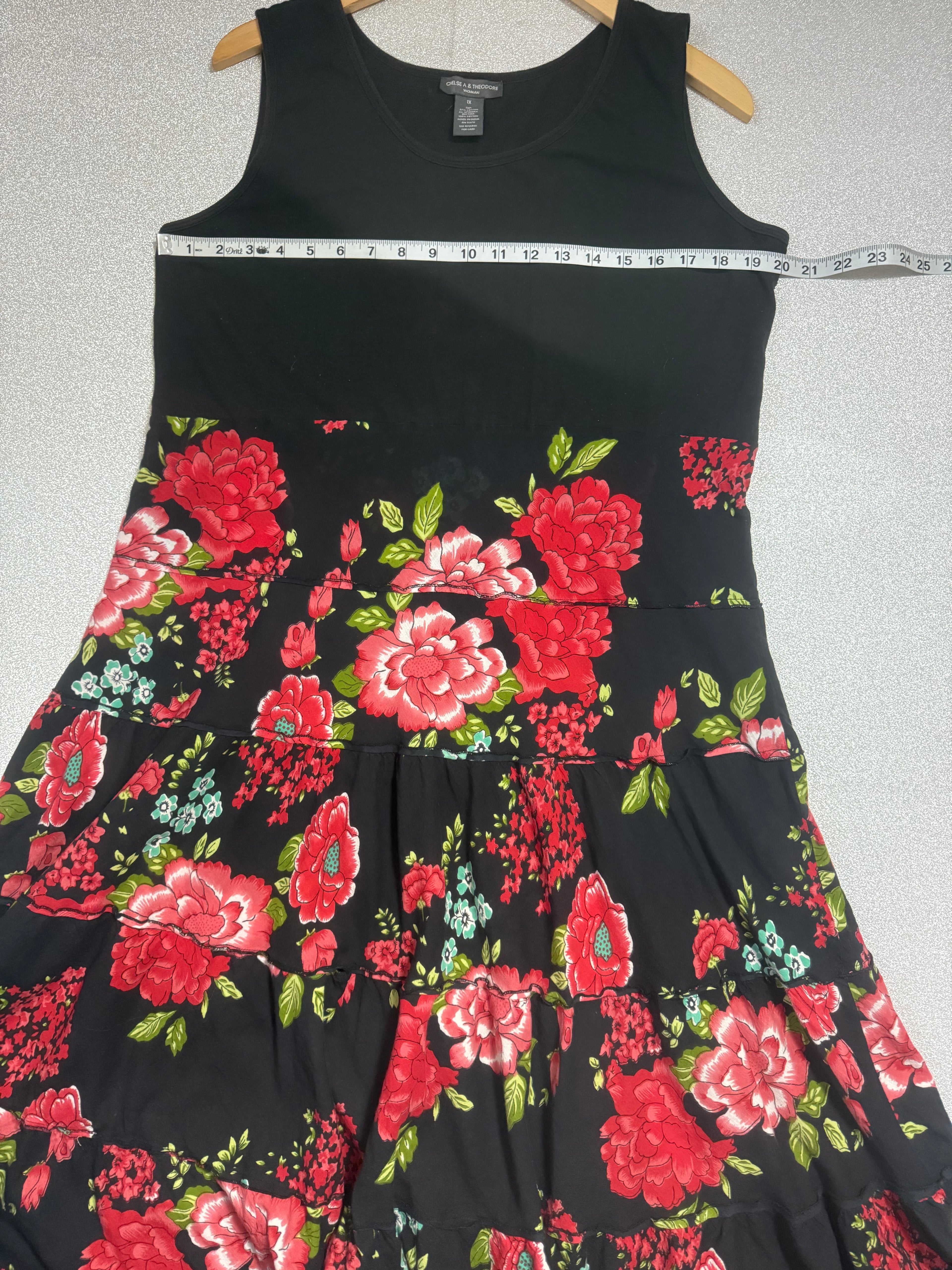 Chelsea & Theodore 97% Cotton 3% Spandex 100% Cotton Skirt 1X Black and Rose Print Tank Top Maxi Dress