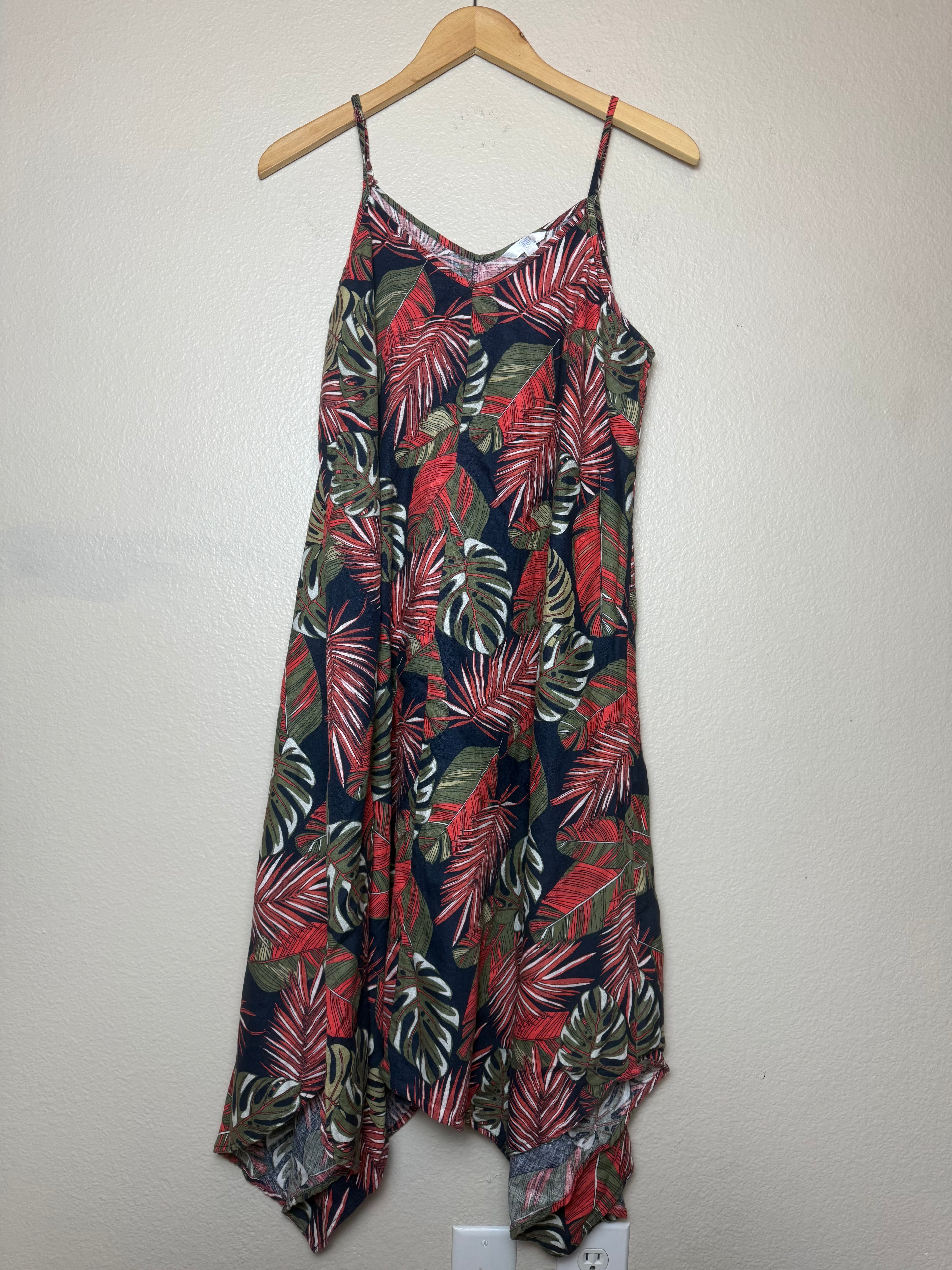 Time and Tru 54% Linen 46% Cotton L Size 12-14 Plant Print Spaghetti Strap Mini Dress