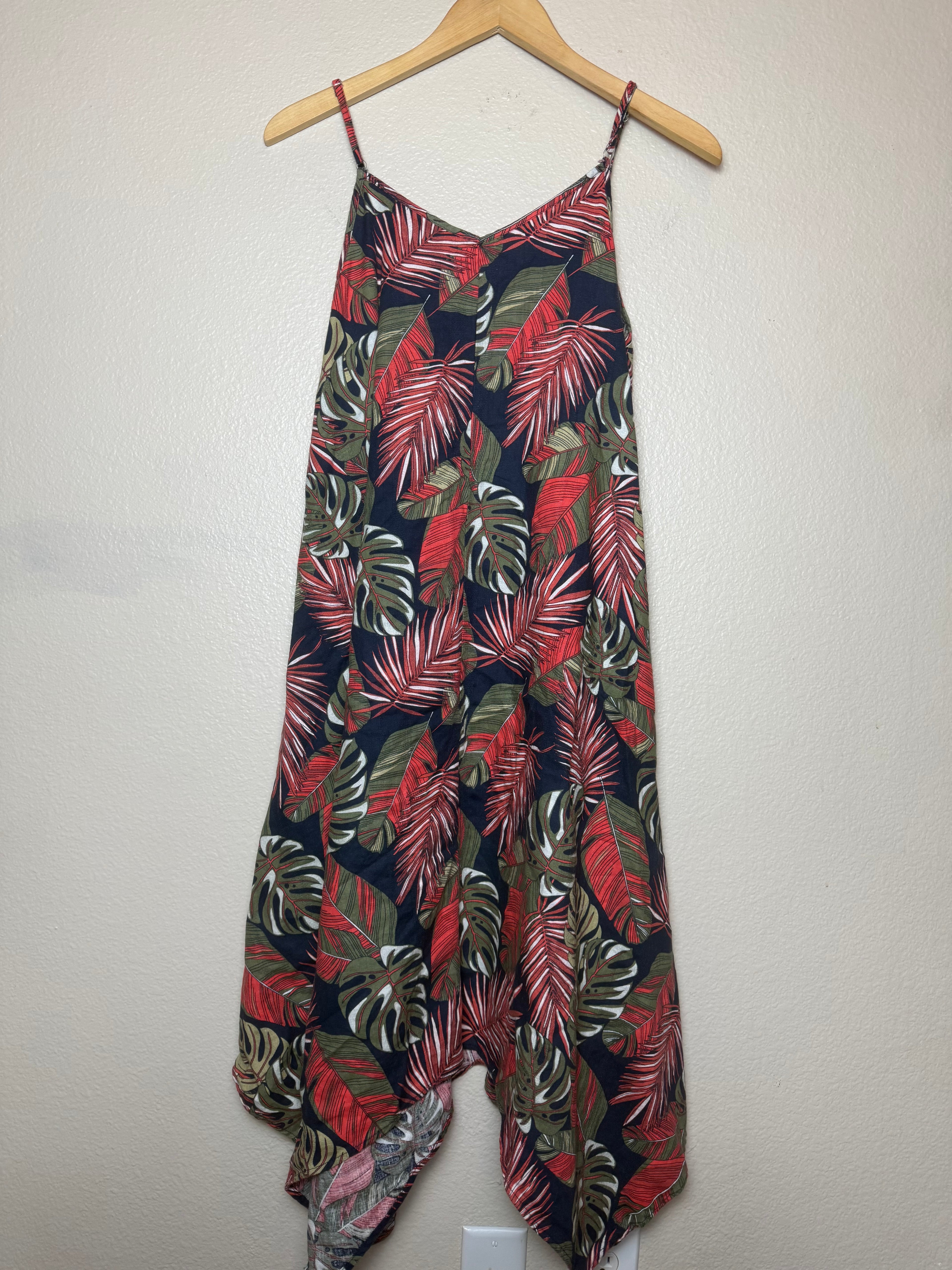 Time and Tru 54% Linen 46% Cotton L Size 12-14 Plant Print Spaghetti Strap Mini Dress