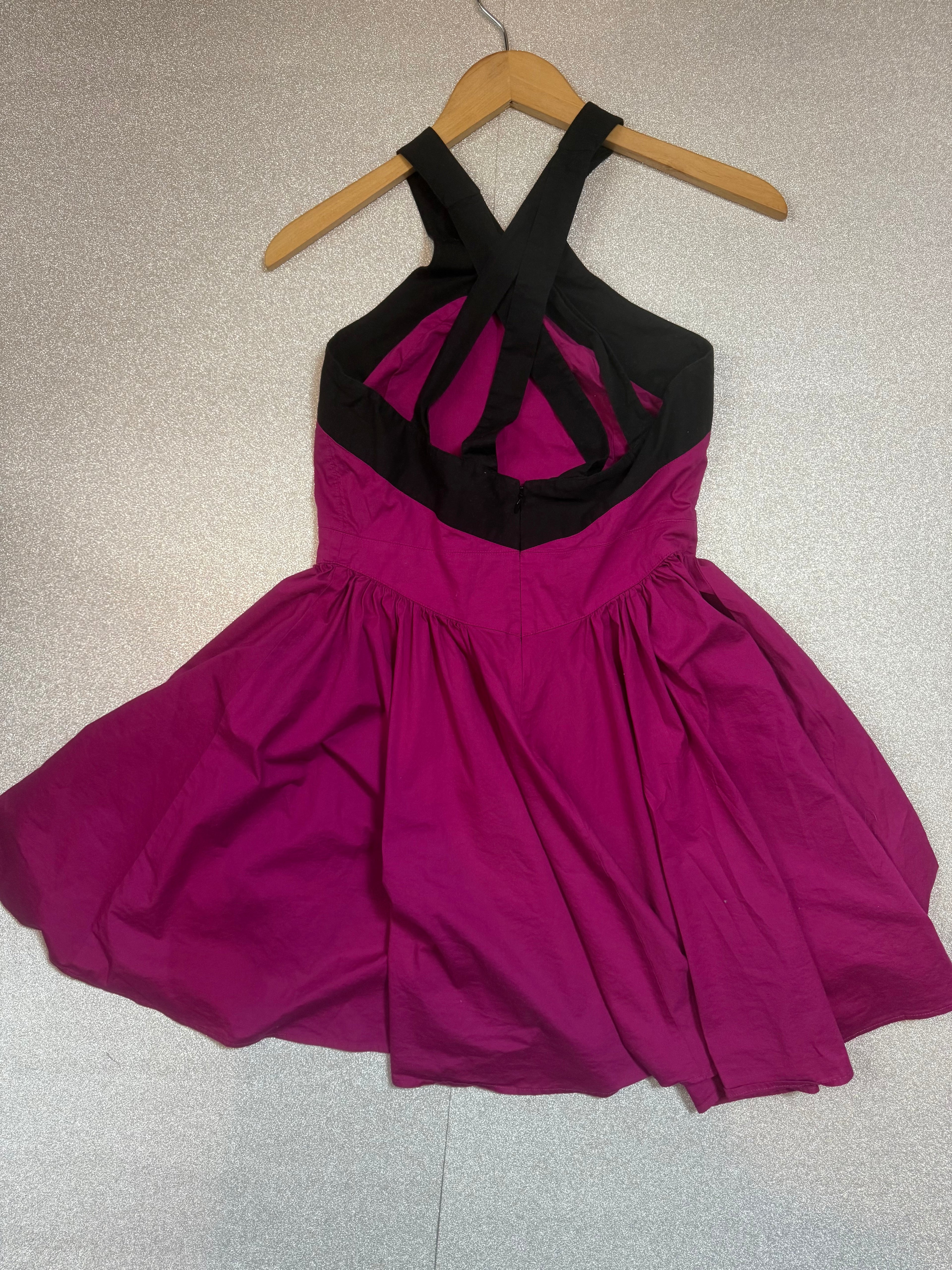 Moda International 96% Cotton 4% Elastane SIze 6 Magenta and Black Halter Top Mini Dress