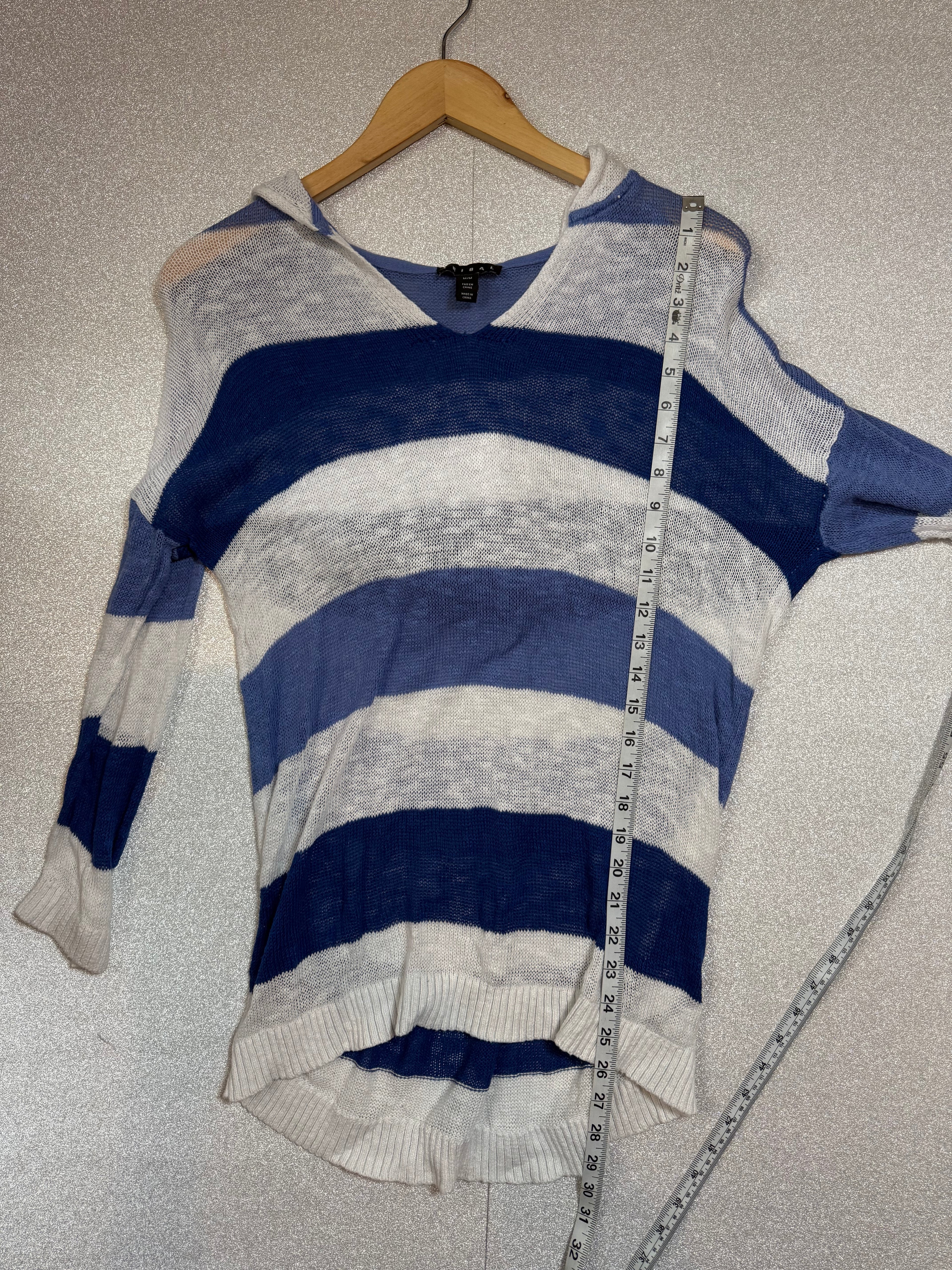 Tribal 75% Cotton 25% Linen M Blue and White Striped 3/4 Sleeve Shirt