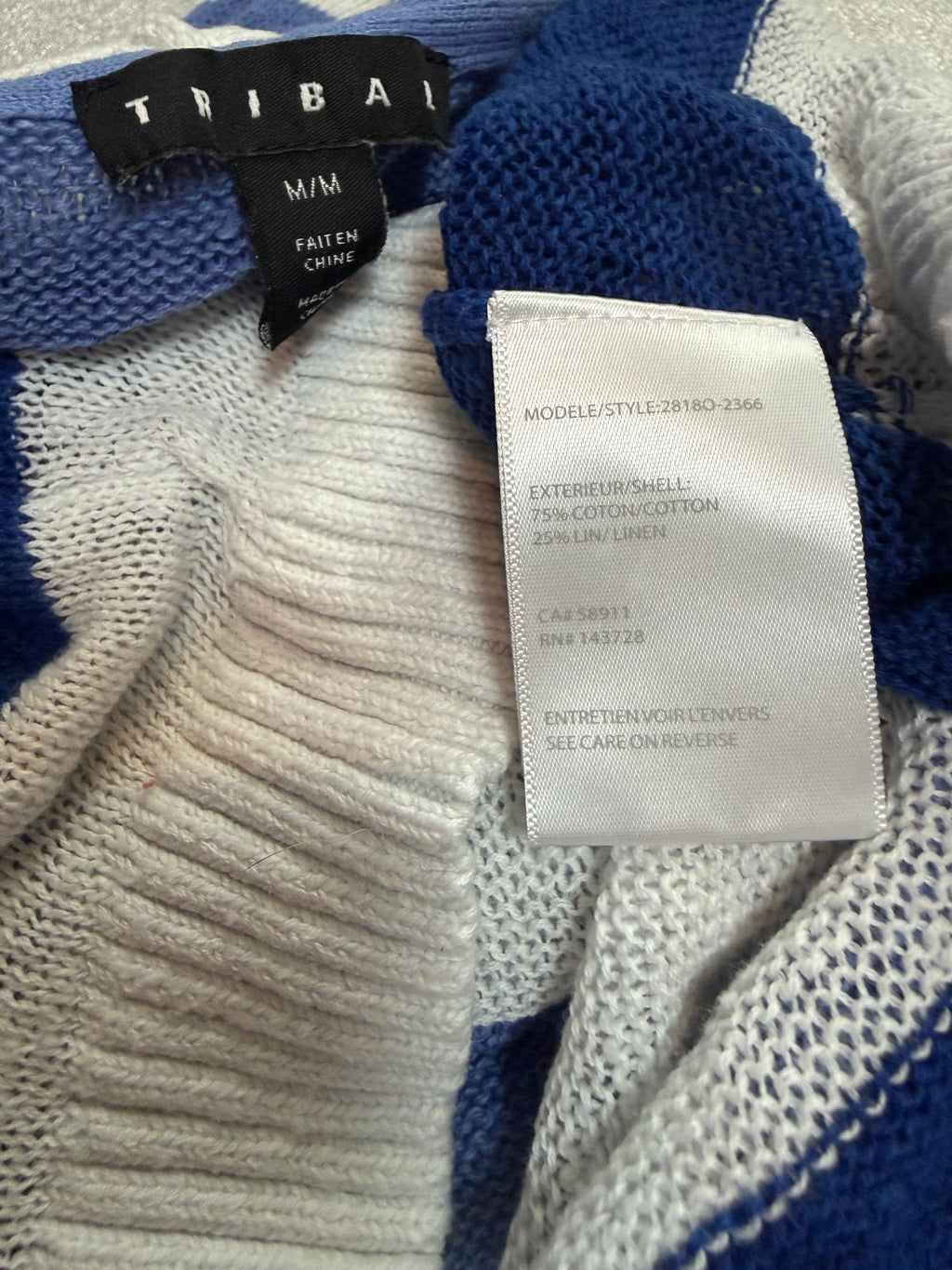 Tribal 75% Cotton 25% Linen M Blue and White Striped 3/4 Sleeve Shirt