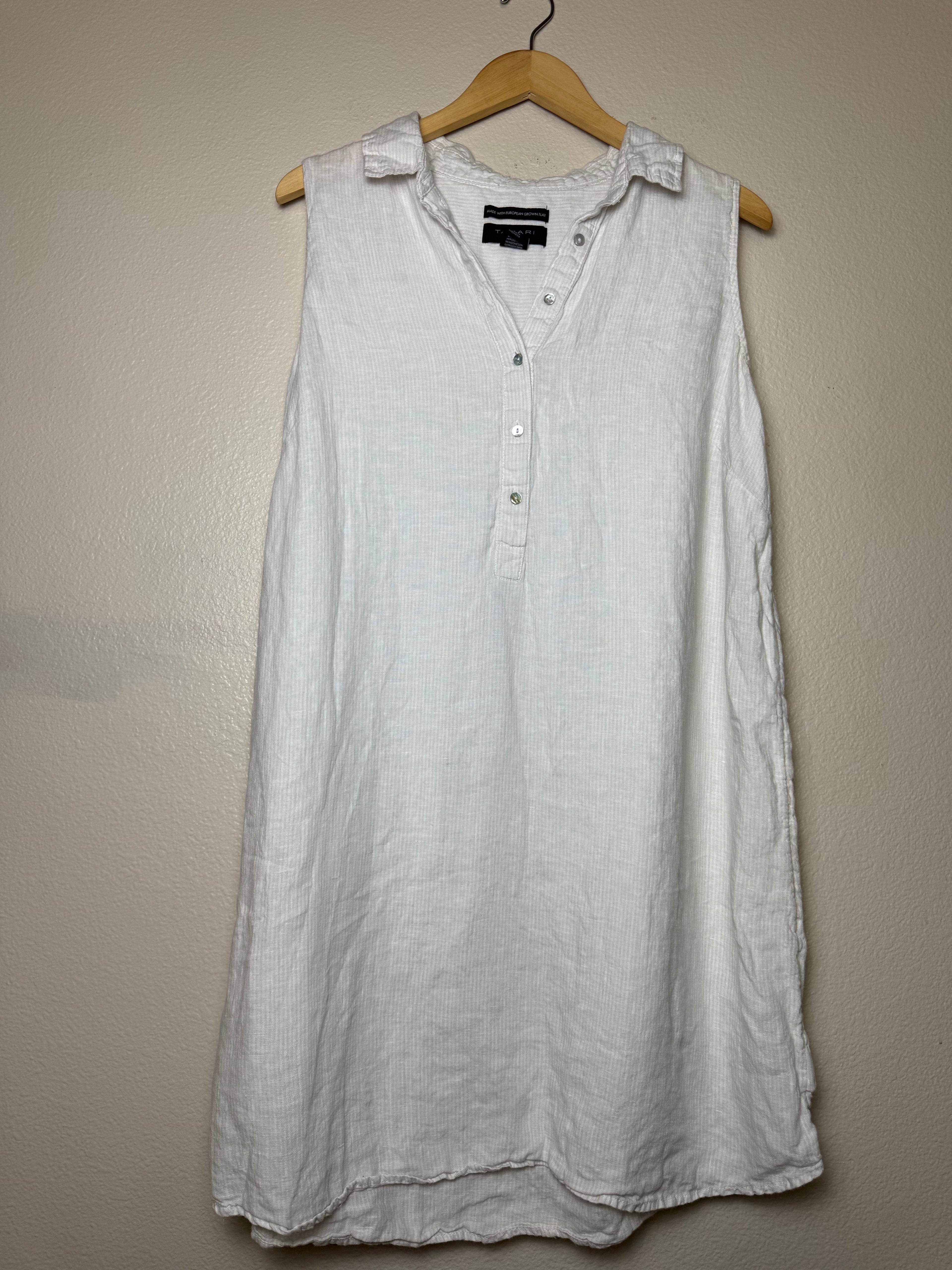 Tahari 100% Linen XL White with Beige Stripes Collared Tank Top Mini Dress