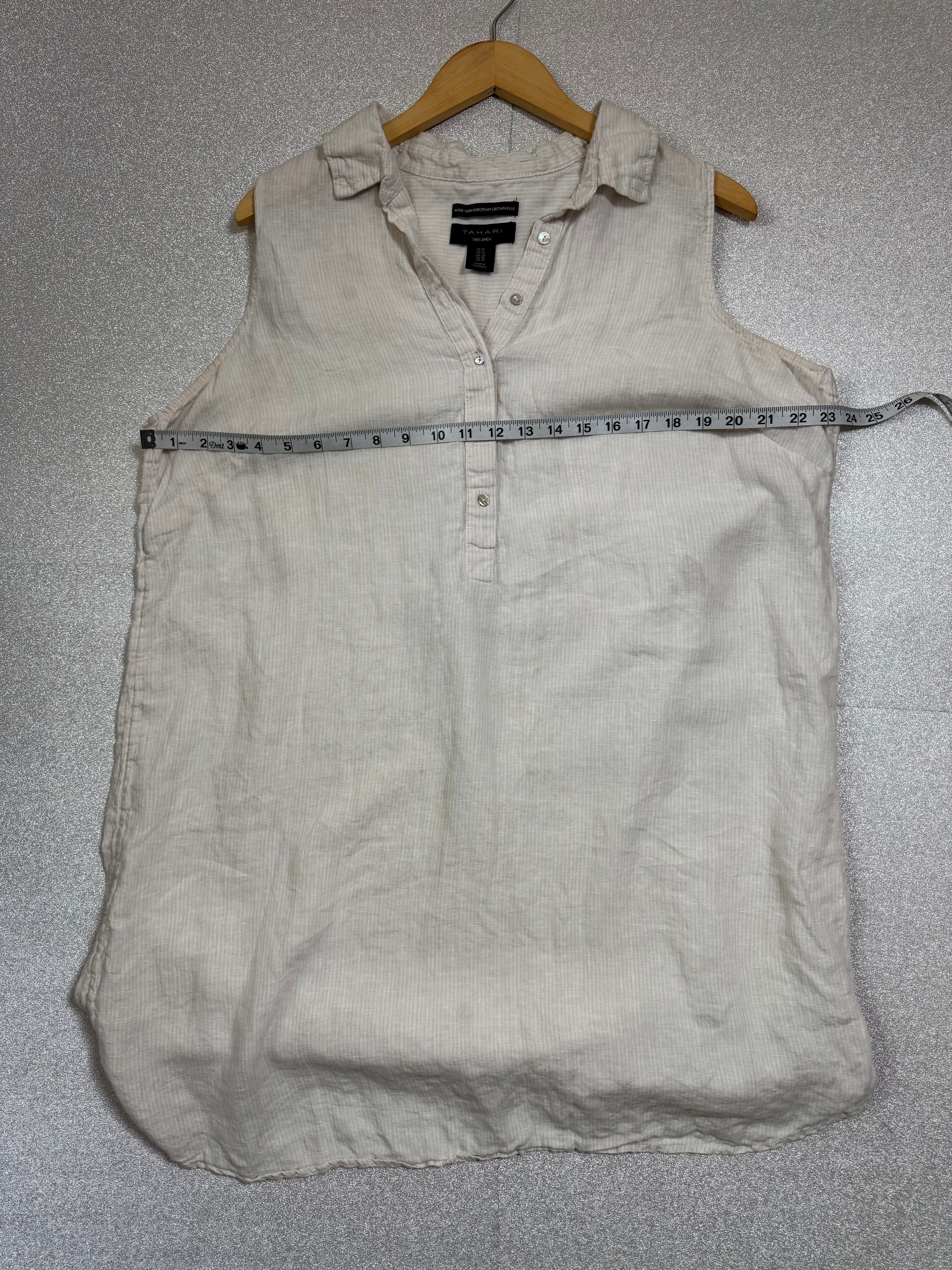 Tahari 100% Linen XL White with Beige Stripes Collared Tank Top Mini Dress