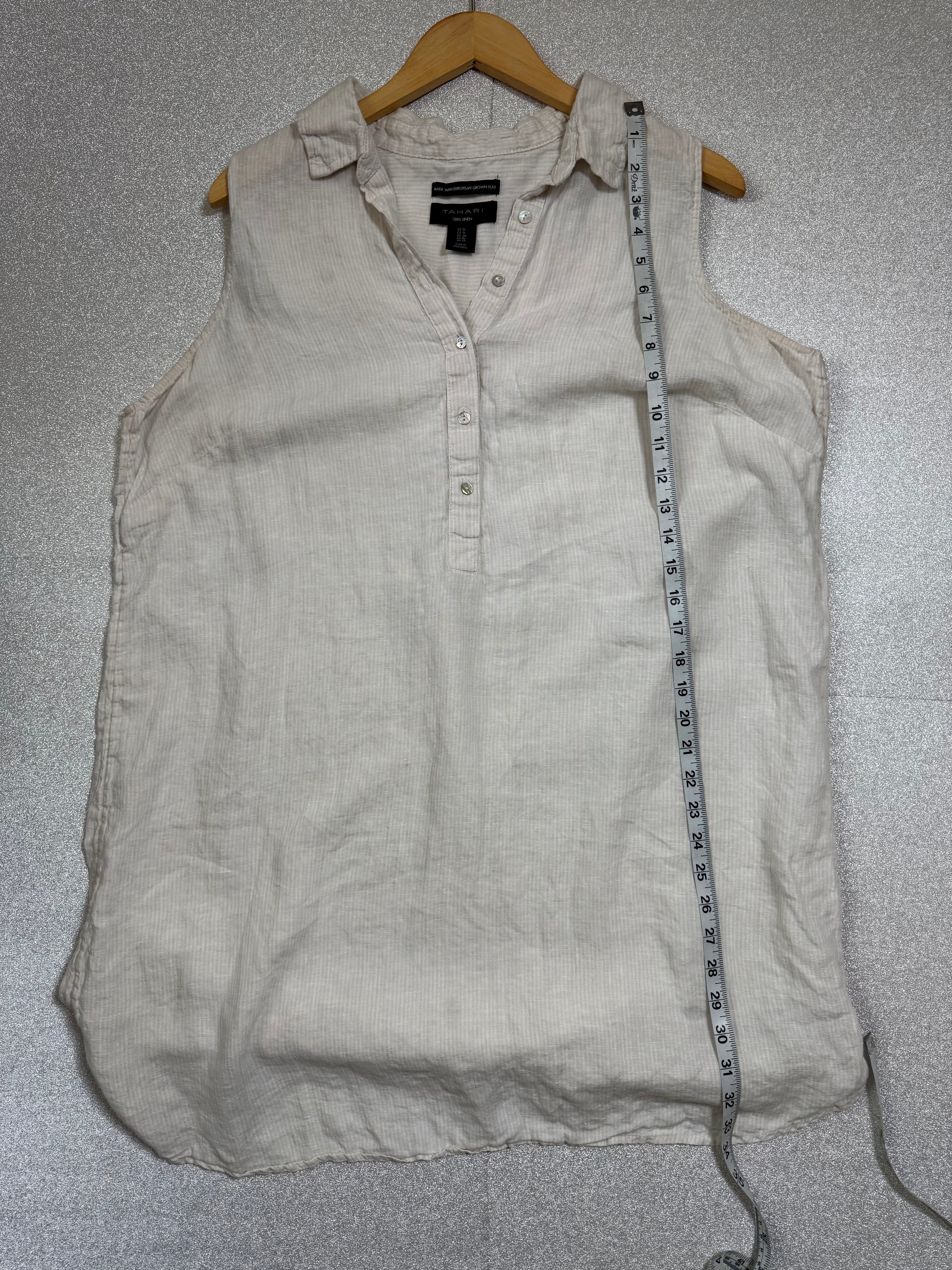 Tahari 100% Linen XL White with Beige Stripes Collared Tank Top Mini Dress