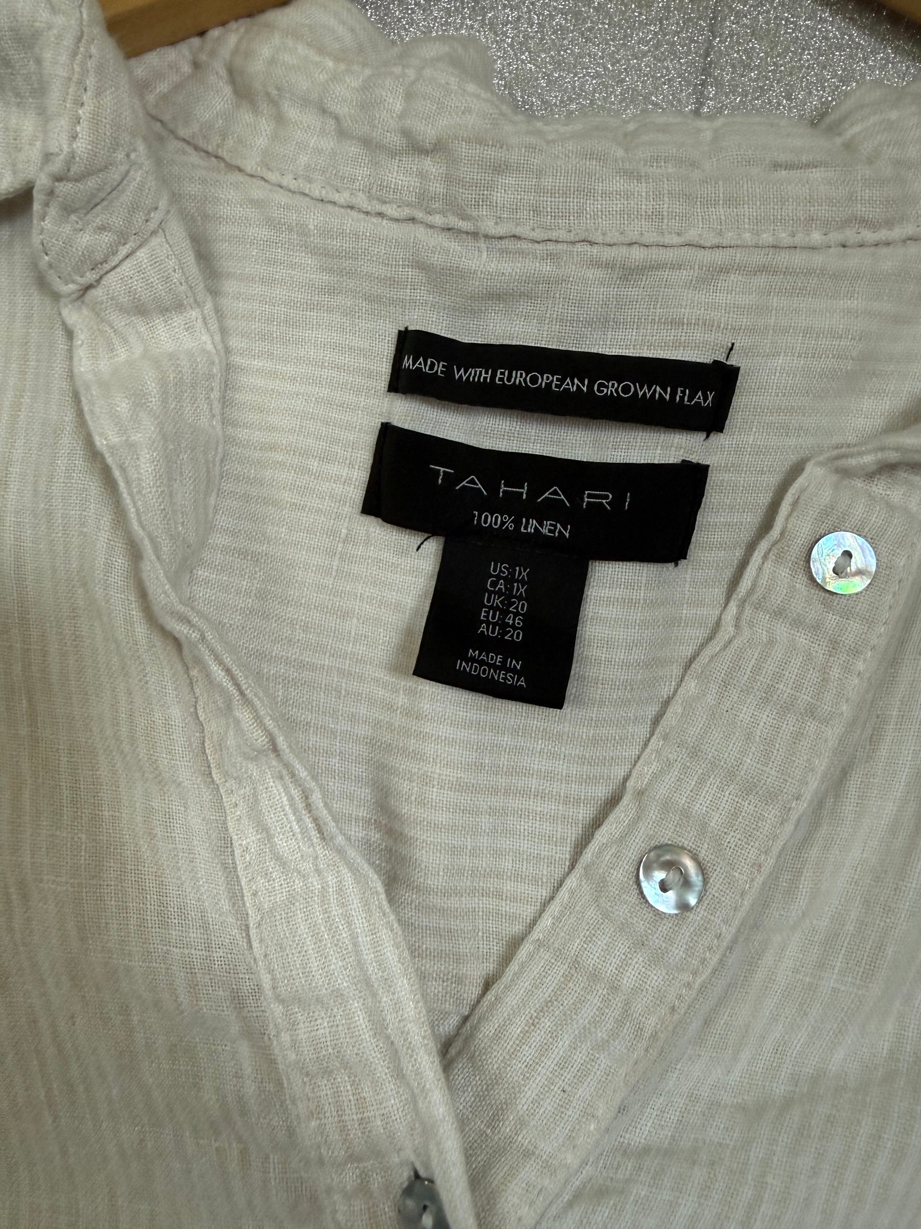 Tahari 100% Linen XL White with Beige Stripes Collared Tank Top Mini Dress