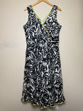 Robbie Bee 100% Cotton Size 16 Black and White Plant Print With Lime Green Trim A-Line Dress
