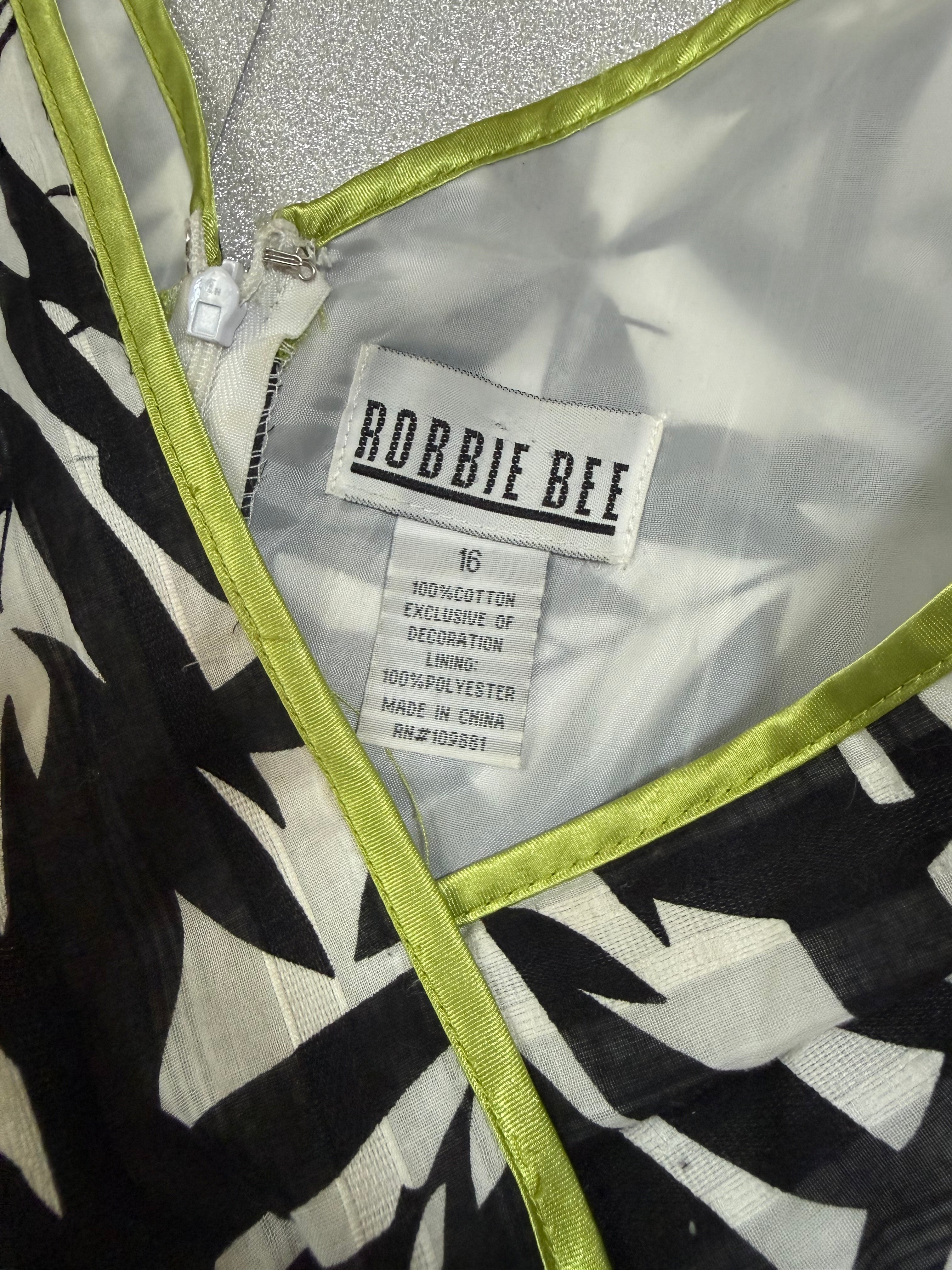 Robbie Bee 100% Cotton Size 16 Black and White Plant Print With Lime Green Trim A-Line Dress