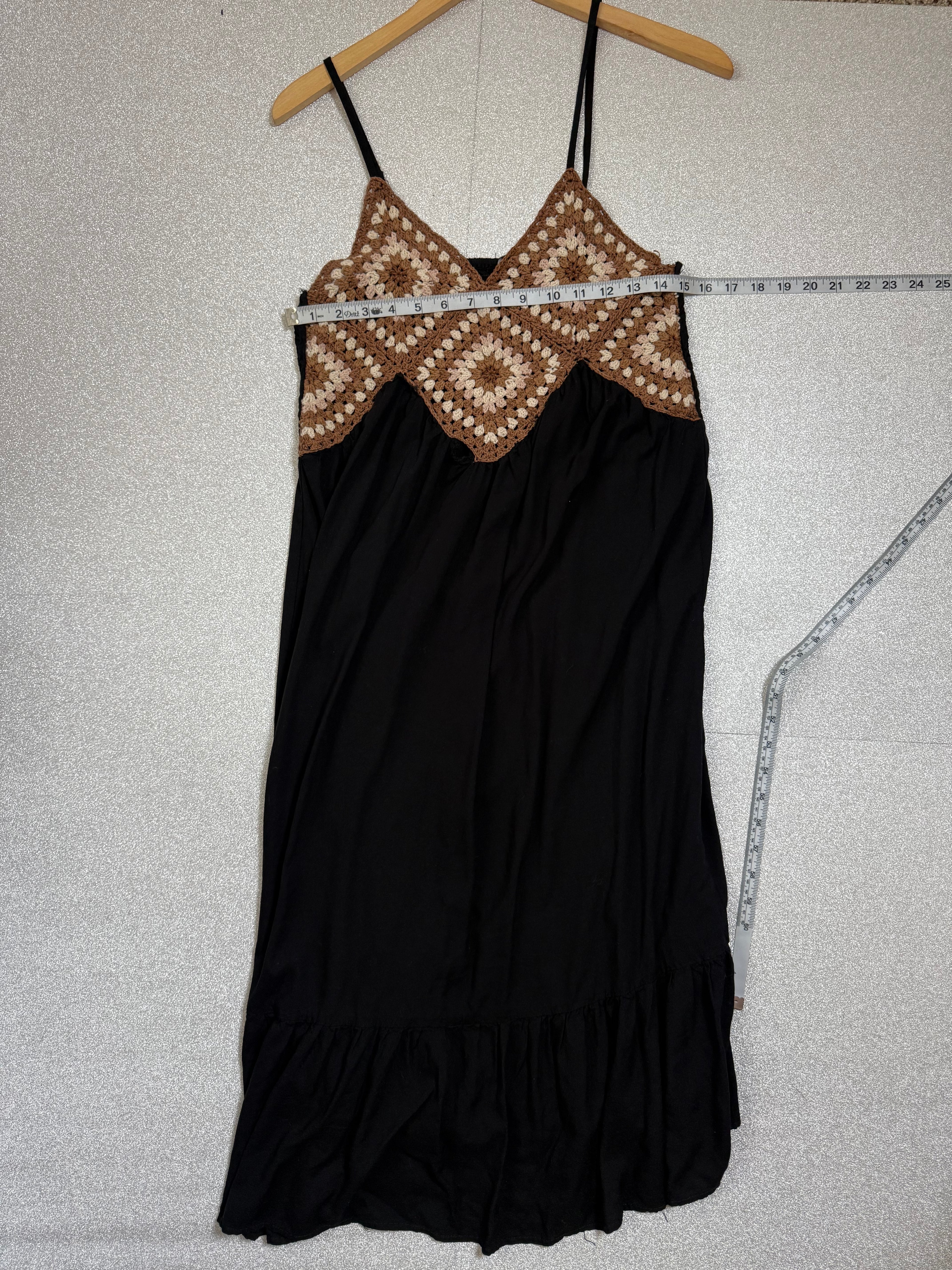 Raviya 100% Rayon 100% Cotton Crochet XL Black with Brown Crochet Top Maxi Dress