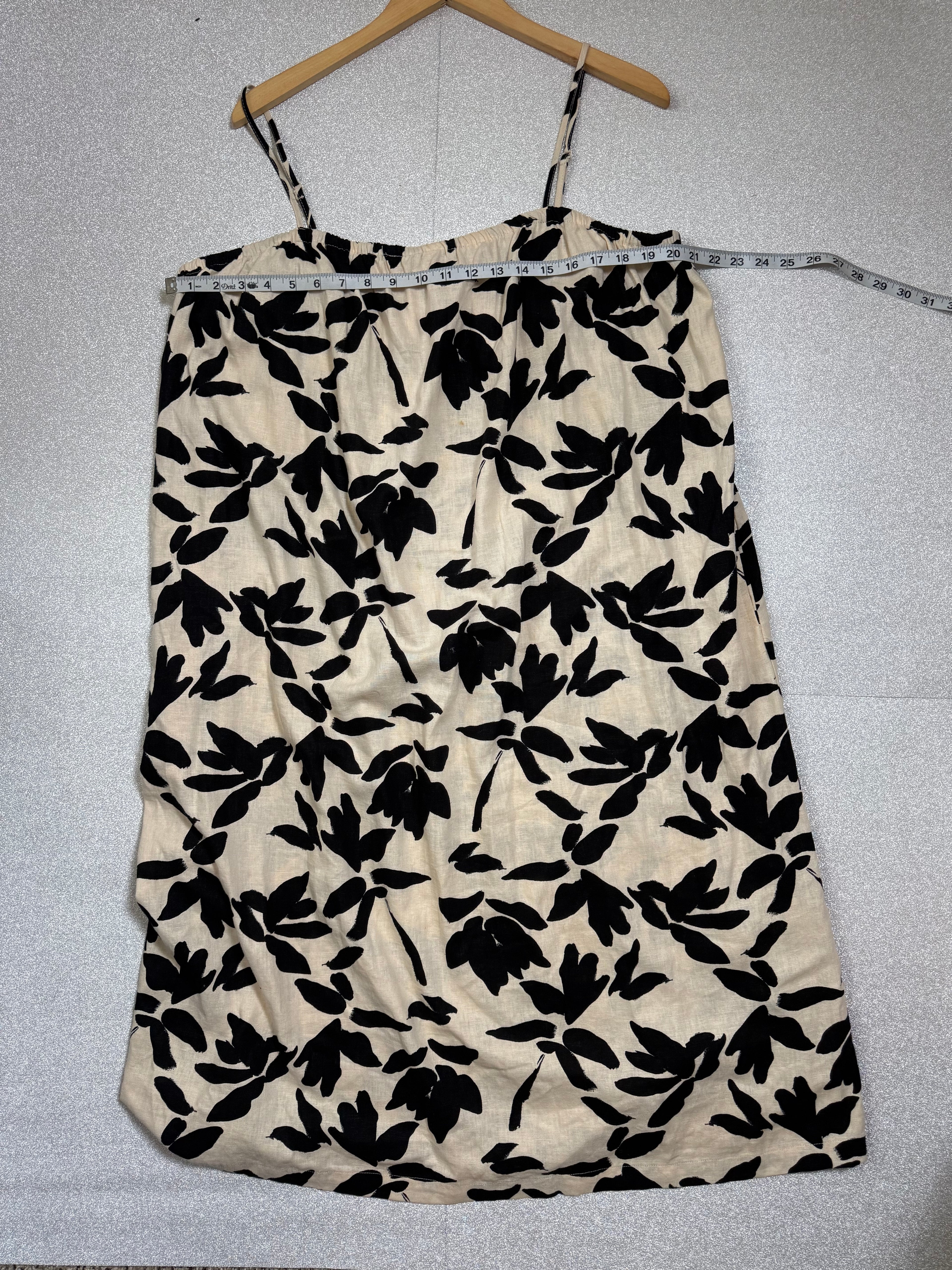 A New Day 55% Linen 45% Rayon 2XBlack and Off White Plant Print Spaghetti Strap Mini Dress