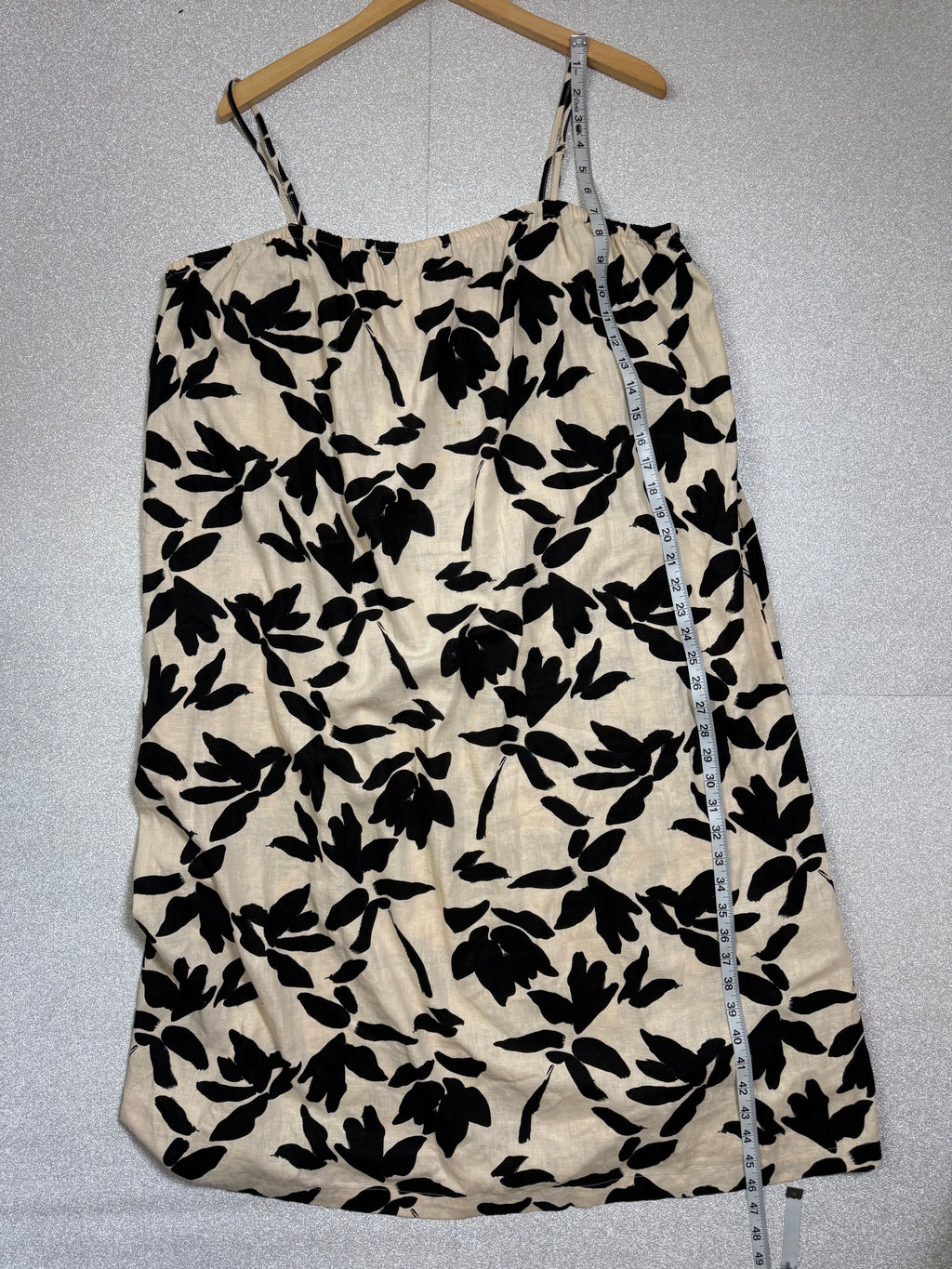 A New Day 55% Linen 45% Rayon 2XBlack and Off White Plant Print Spaghetti Strap Mini Dress