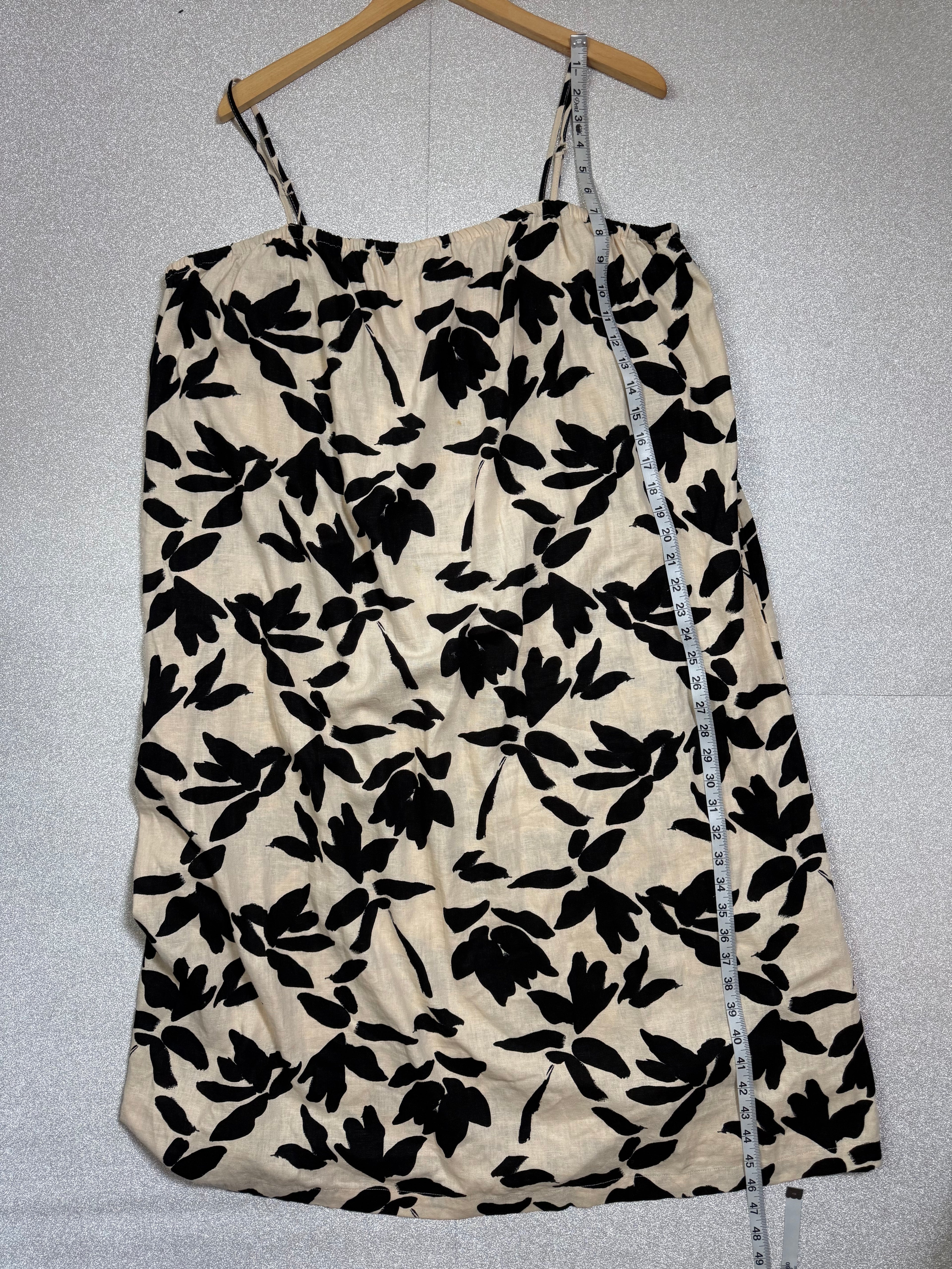 A New Day 55% Linen 45% Rayon 2XBlack and Off White Plant Print Spaghetti Strap Mini Dress