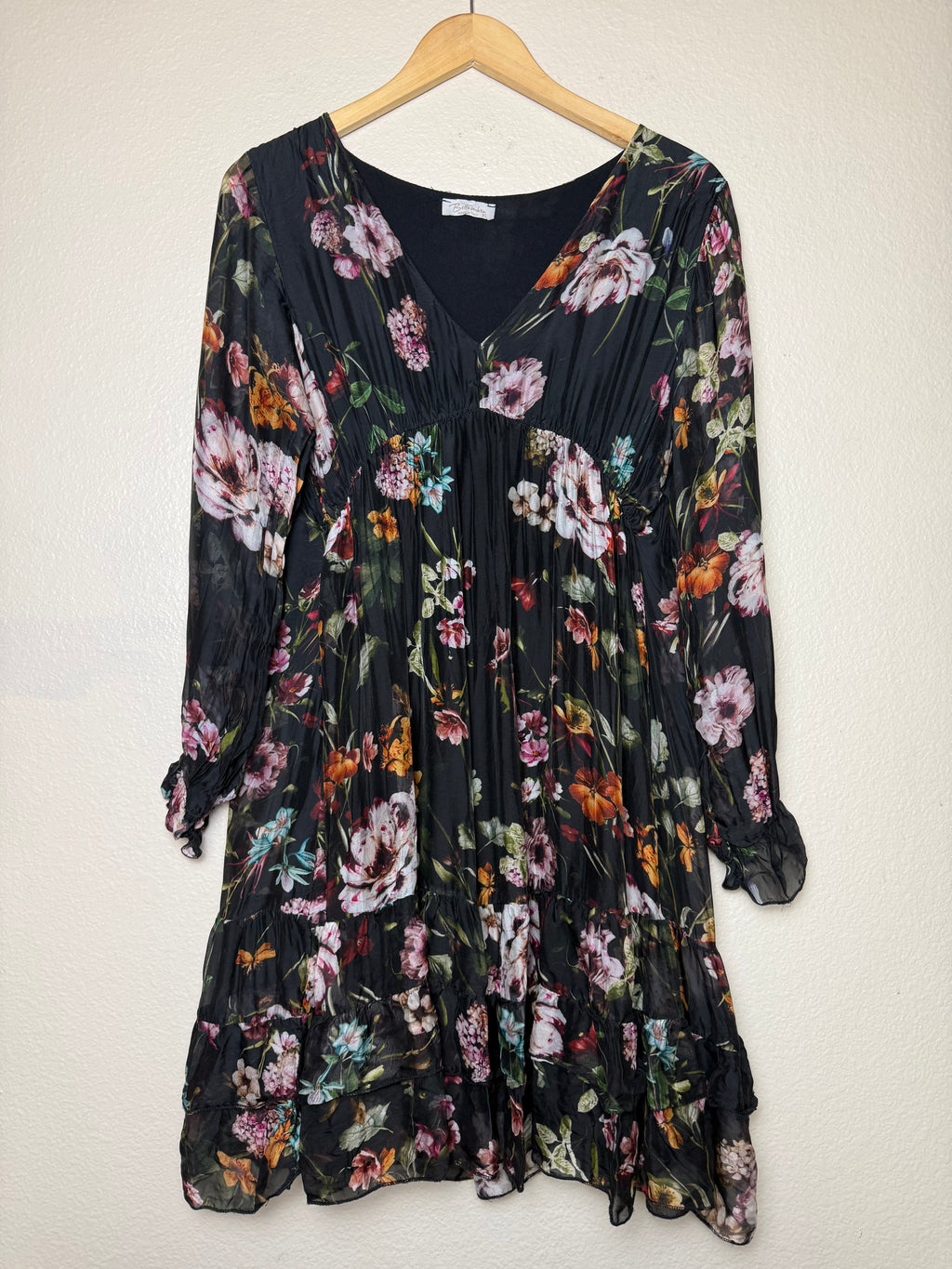 Bellambia 70% Viscose 30% Silk XL Black with Floral Print Long Sleeve Mini Dress