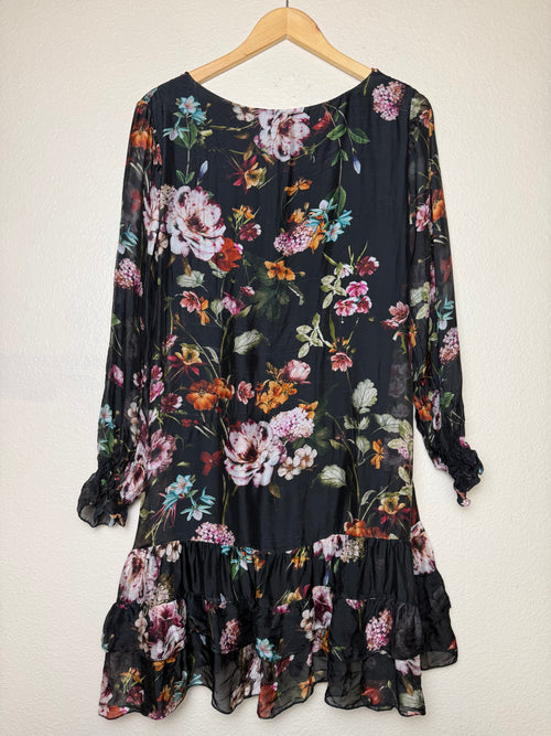Bellambia 70% Viscose 30% Silk XL Black with Floral Print Long Sleeve Mini Dress