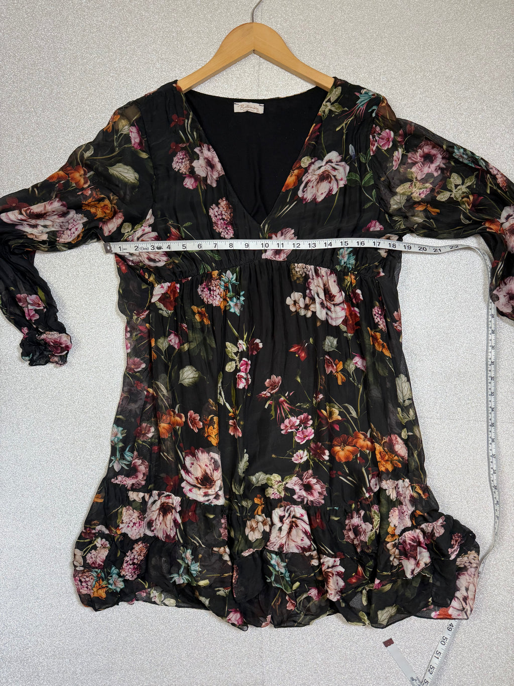 Bellambia 70% Viscose 30% Silk XL Black with Floral Print Long Sleeve Mini Dress