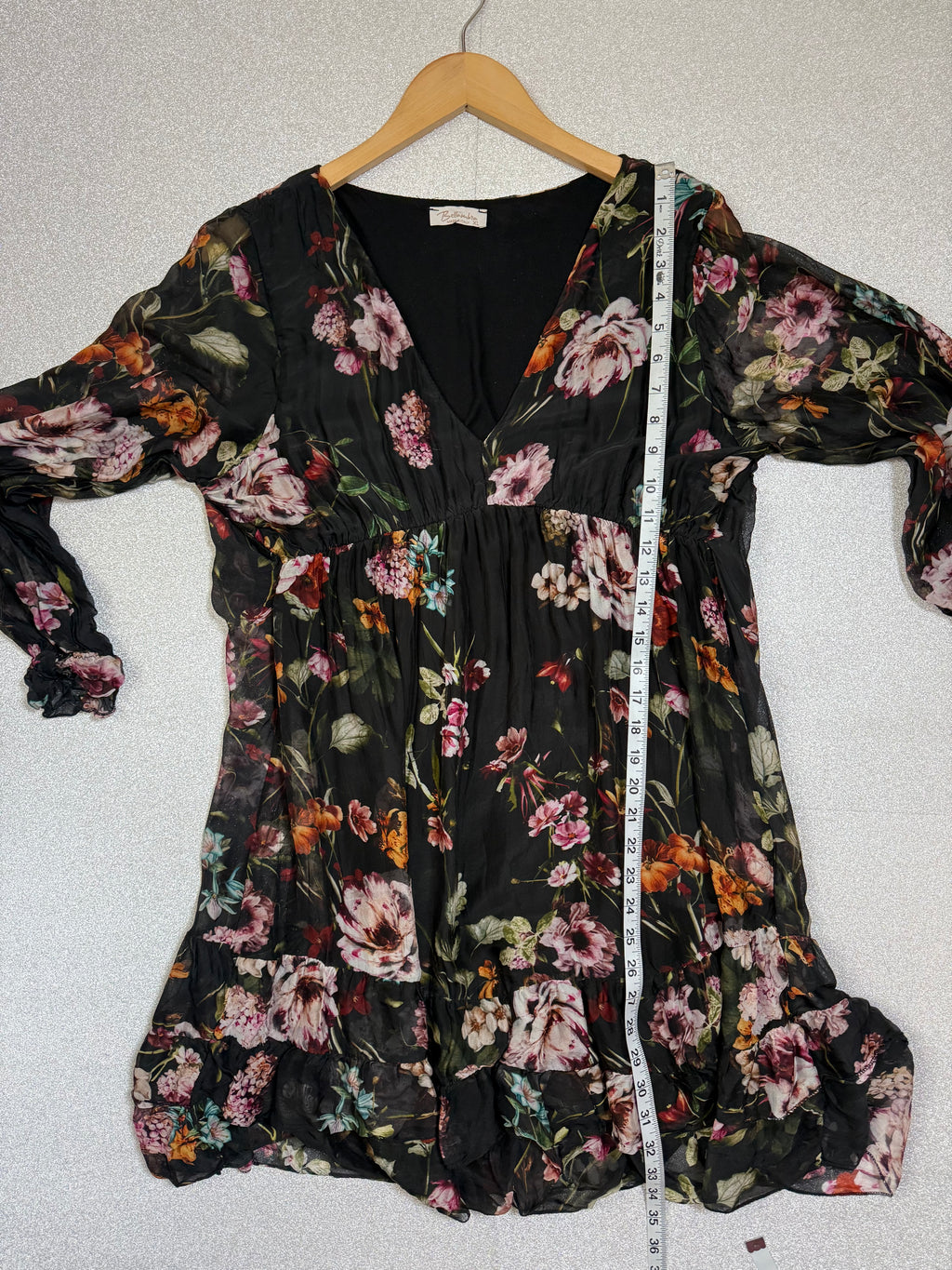 Bellambia 70% Viscose 30% Silk XL Black with Floral Print Long Sleeve Mini Dress
