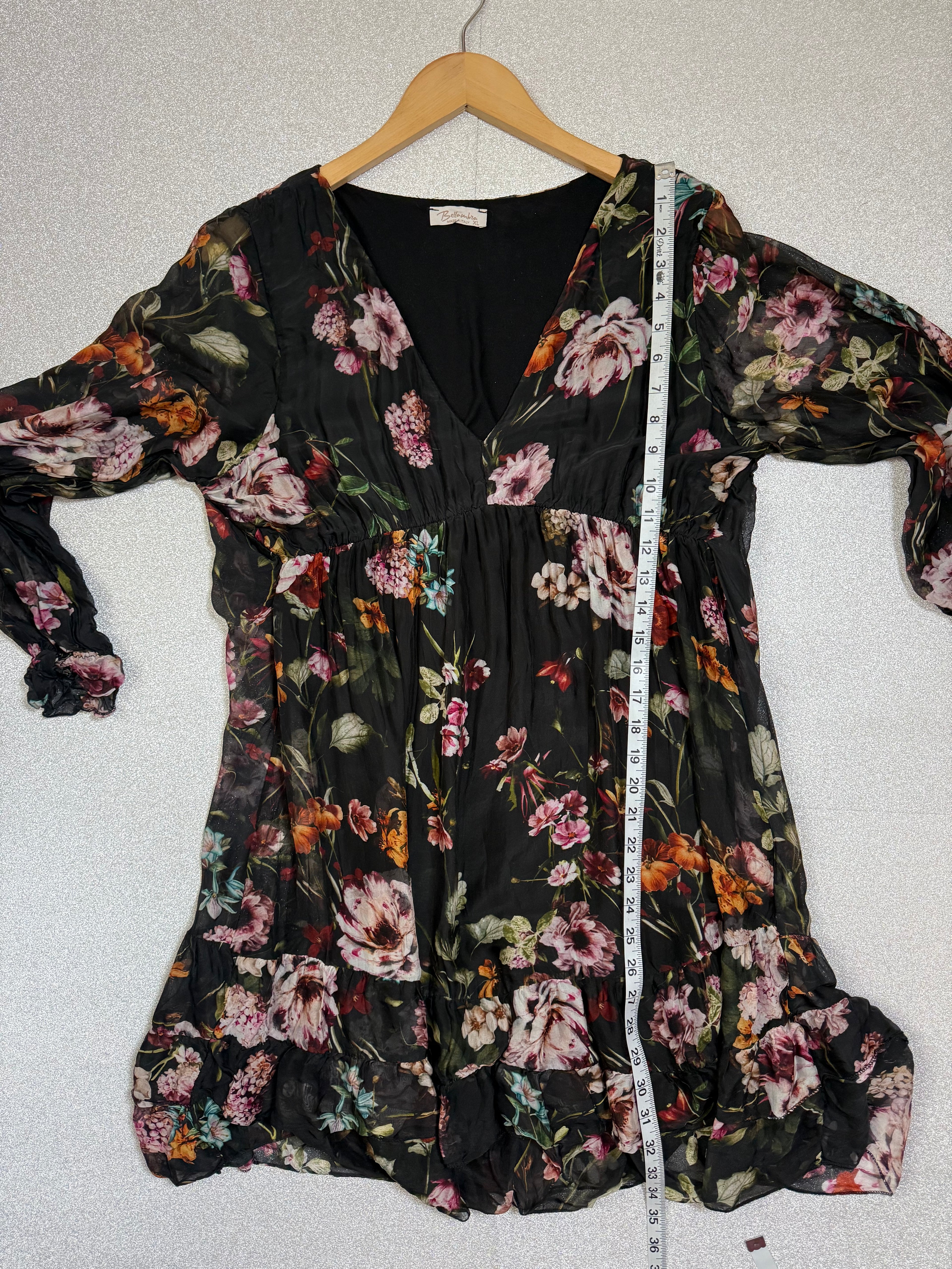 Bellambia 70% Viscose 30% Silk XL Black with Floral Print Long Sleeve Mini Dress