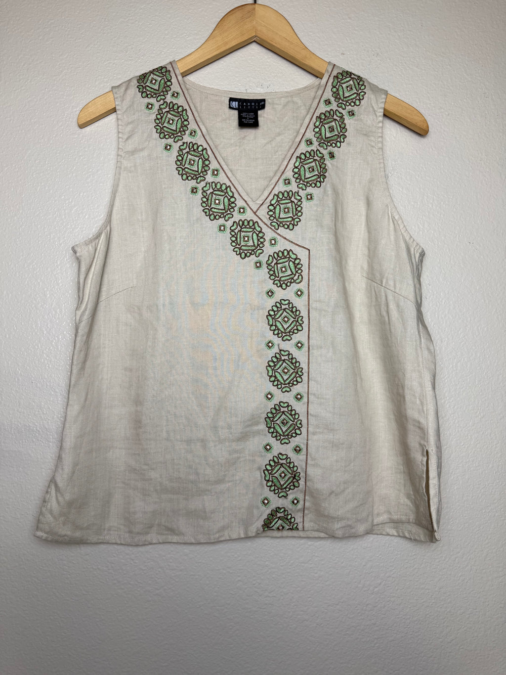 Caroll Little 100% Linen L Beige With Green Embroidery Detail Tank Top