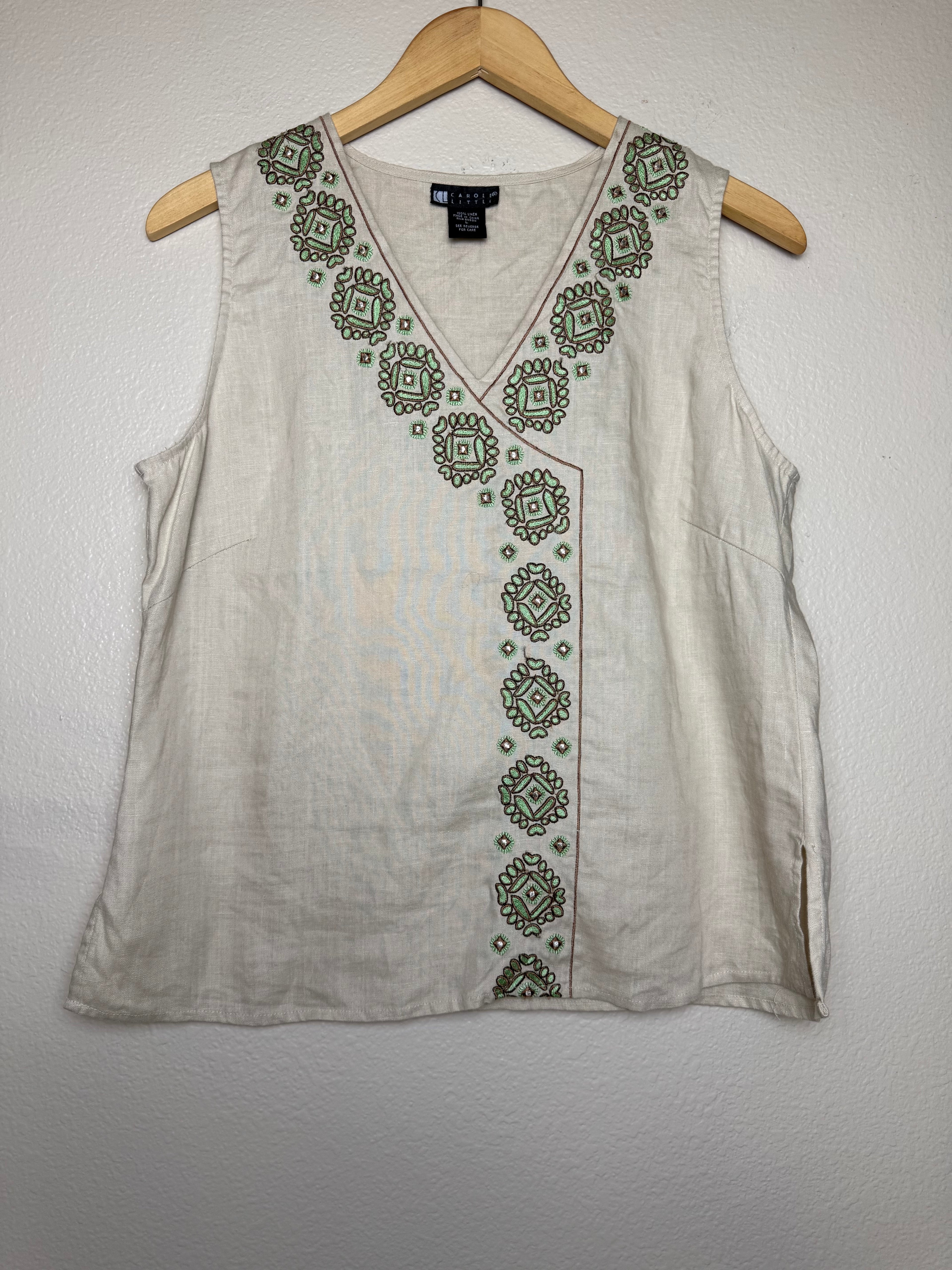 Caroll Little 100% Linen L Beige With Green Embroidery Detail Tank Top