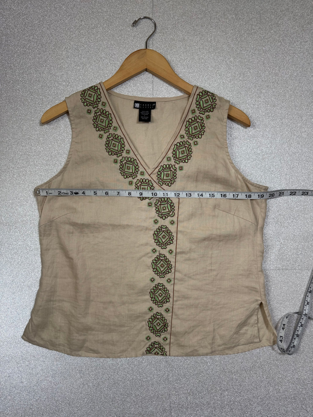 Caroll Little 100% Linen L Beige With Green Embroidery Detail Tank Top