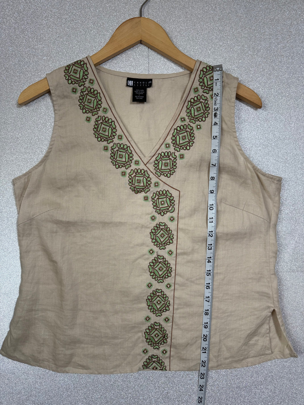Caroll Little 100% Linen L Beige With Green Embroidery Detail Tank Top