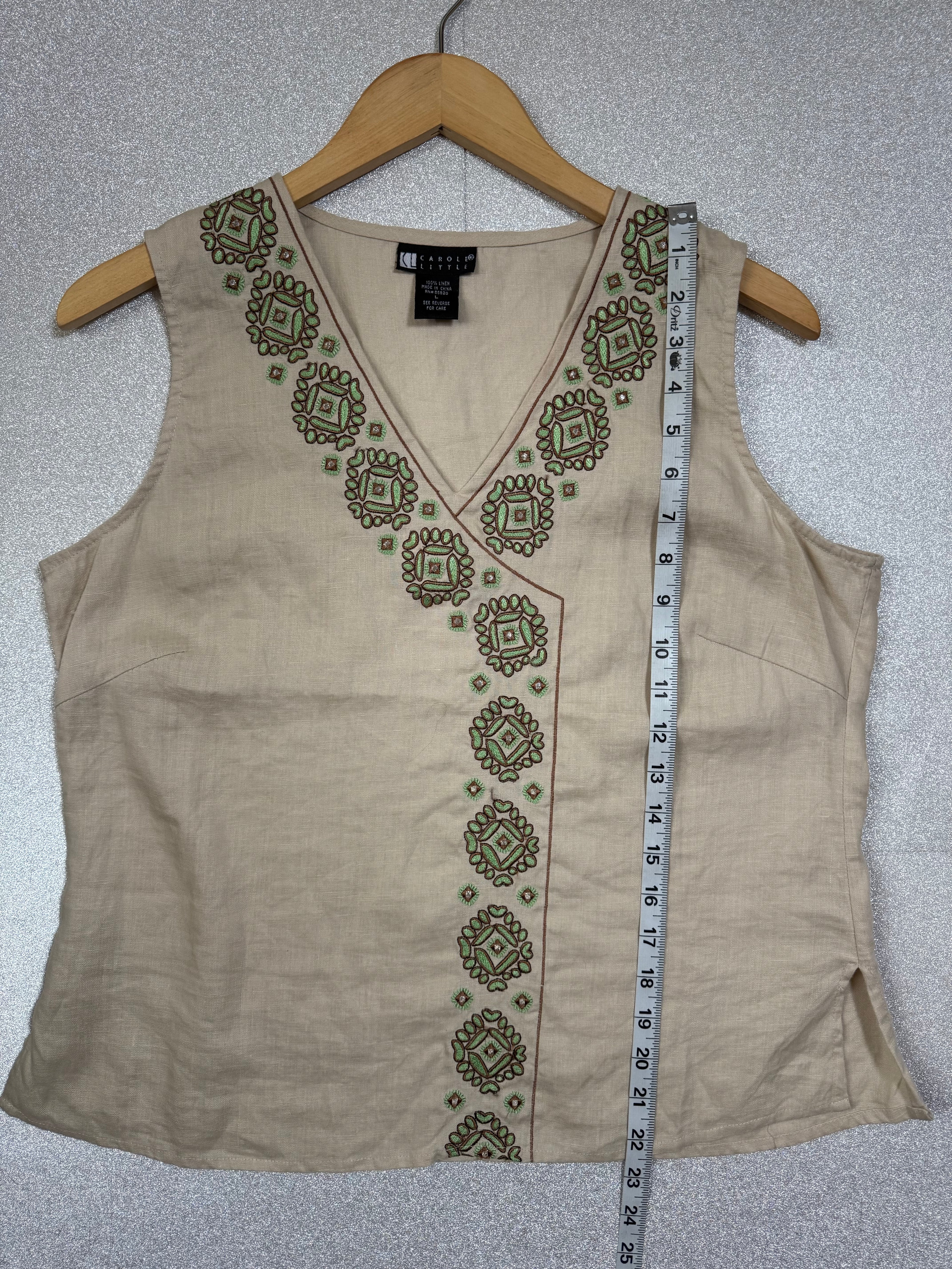 Caroll Little 100% Linen L Beige With Green Embroidery Detail Tank Top