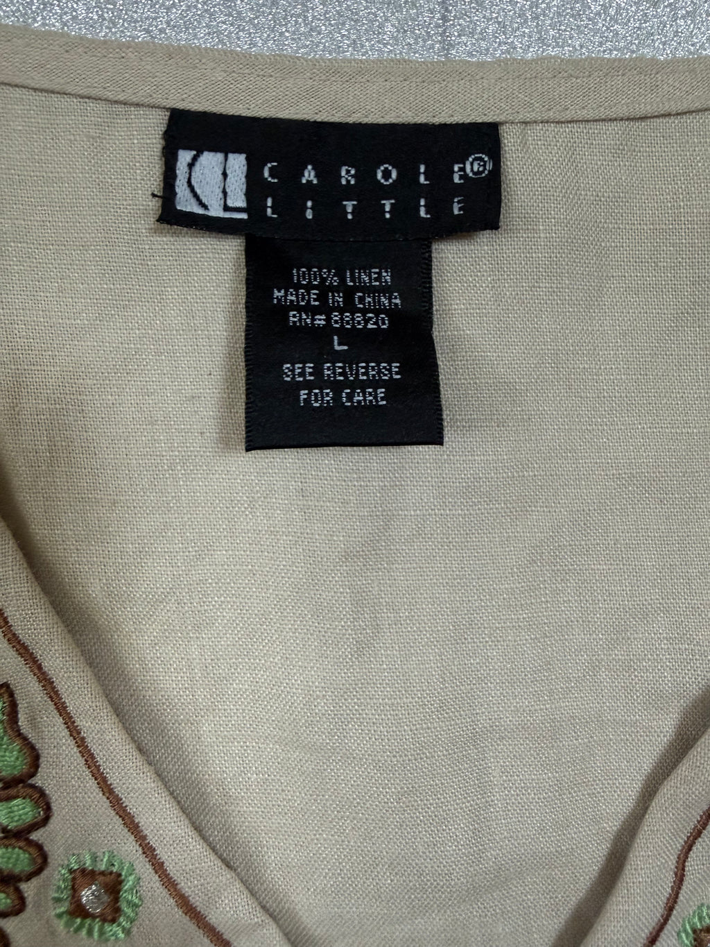 Caroll Little 100% Linen L Beige With Green Embroidery Detail Tank Top