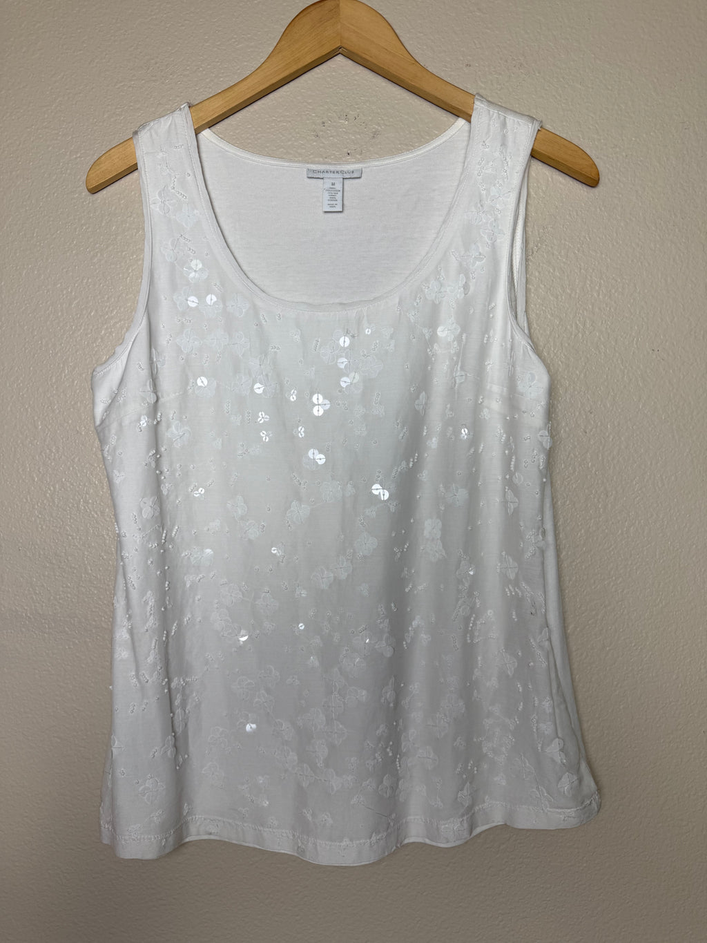 Charter Club 79% Cotton 21% Silk M White with Sequin Detail Tank Top