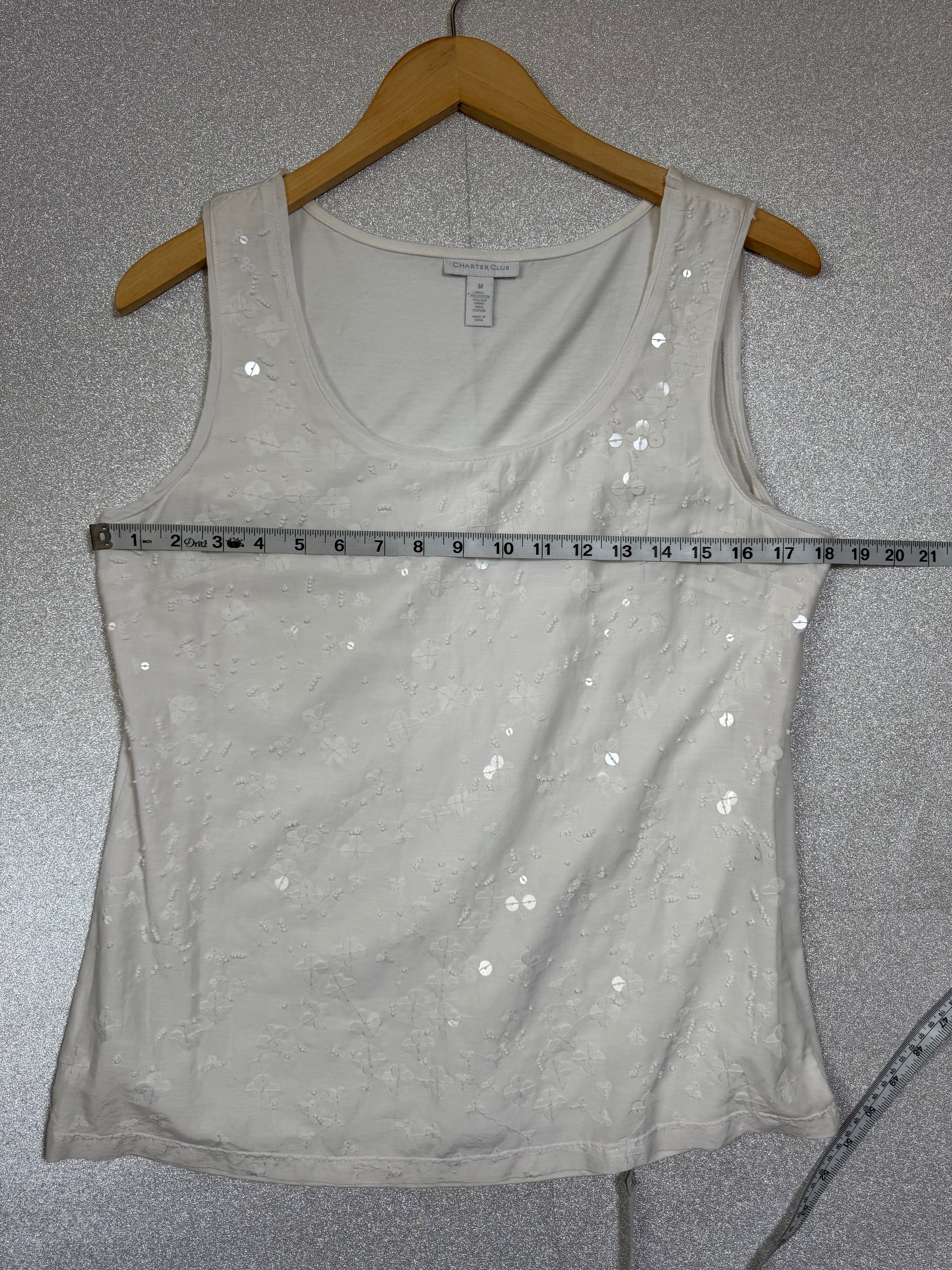 Charter Club 79% Cotton 21% Silk M White with Sequin Detail Tank Top