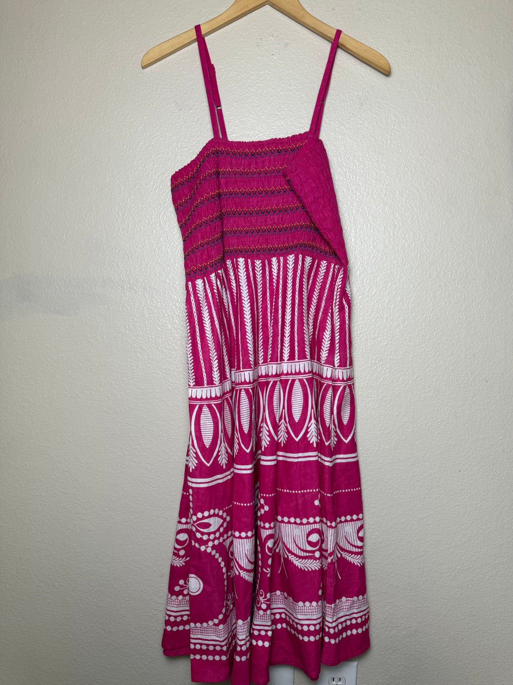 Jackpot 100% Cotton One Size (XL, 2X, 3X) Pink with White Design Spahetti Strap Midi Dress