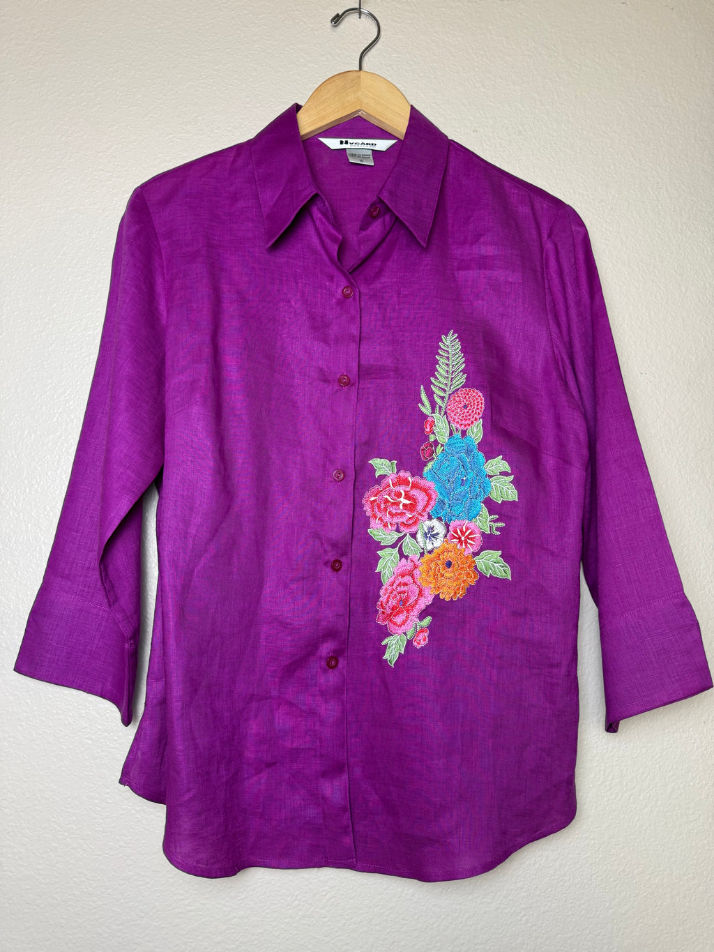 Nygard 100% Linen Size 10 Purple With Flower Emboridery 3/4 Sleeve Button Down Shirt