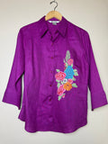 Nygard 100% Linen Size 10 Purple With Flower Emboridery 3/4 Sleeve Button Down Shirt