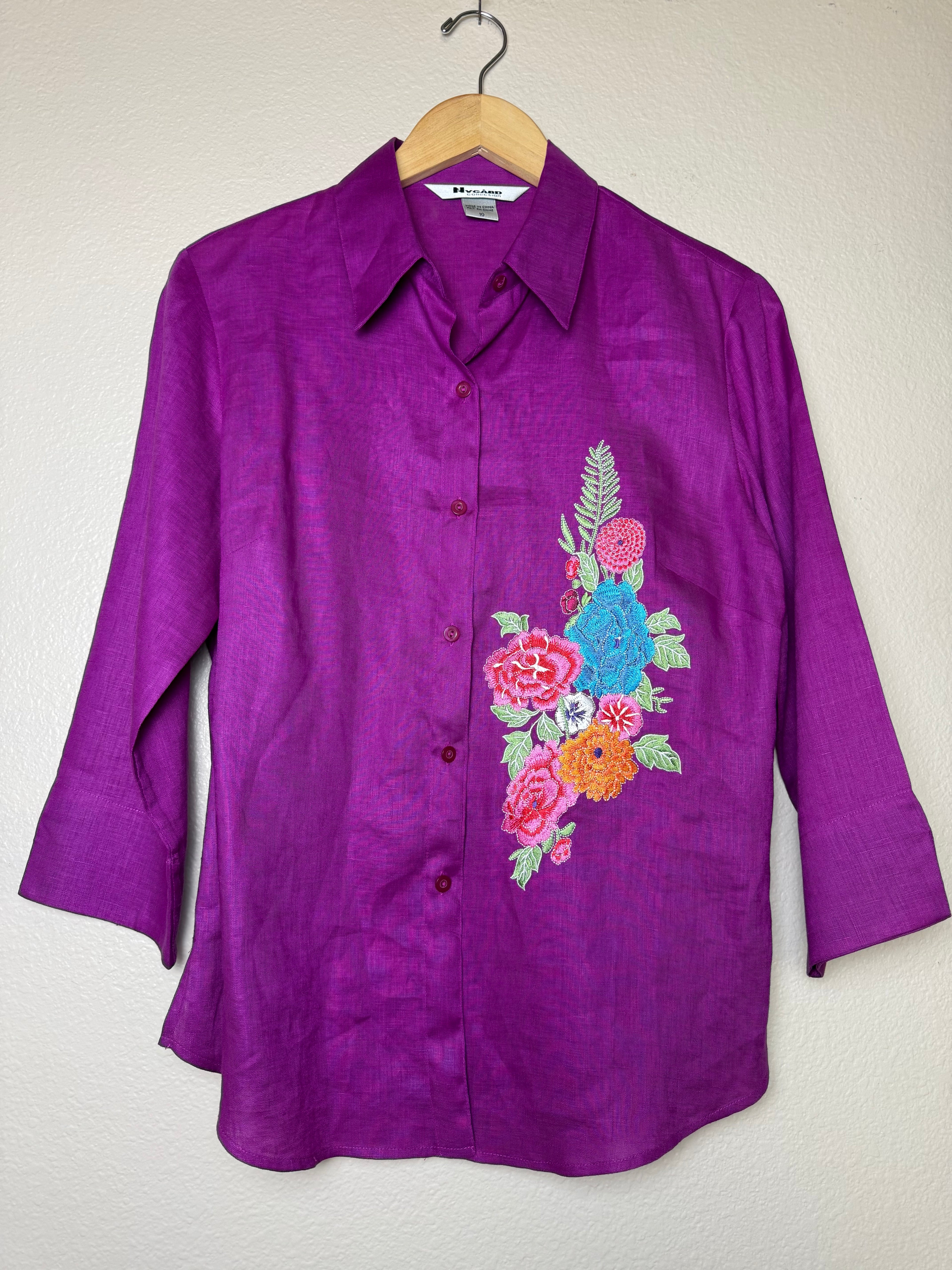 Nygard 100% Linen Size 10 Purple With Flower Emboridery 3/4 Sleeve Button Down Shirt