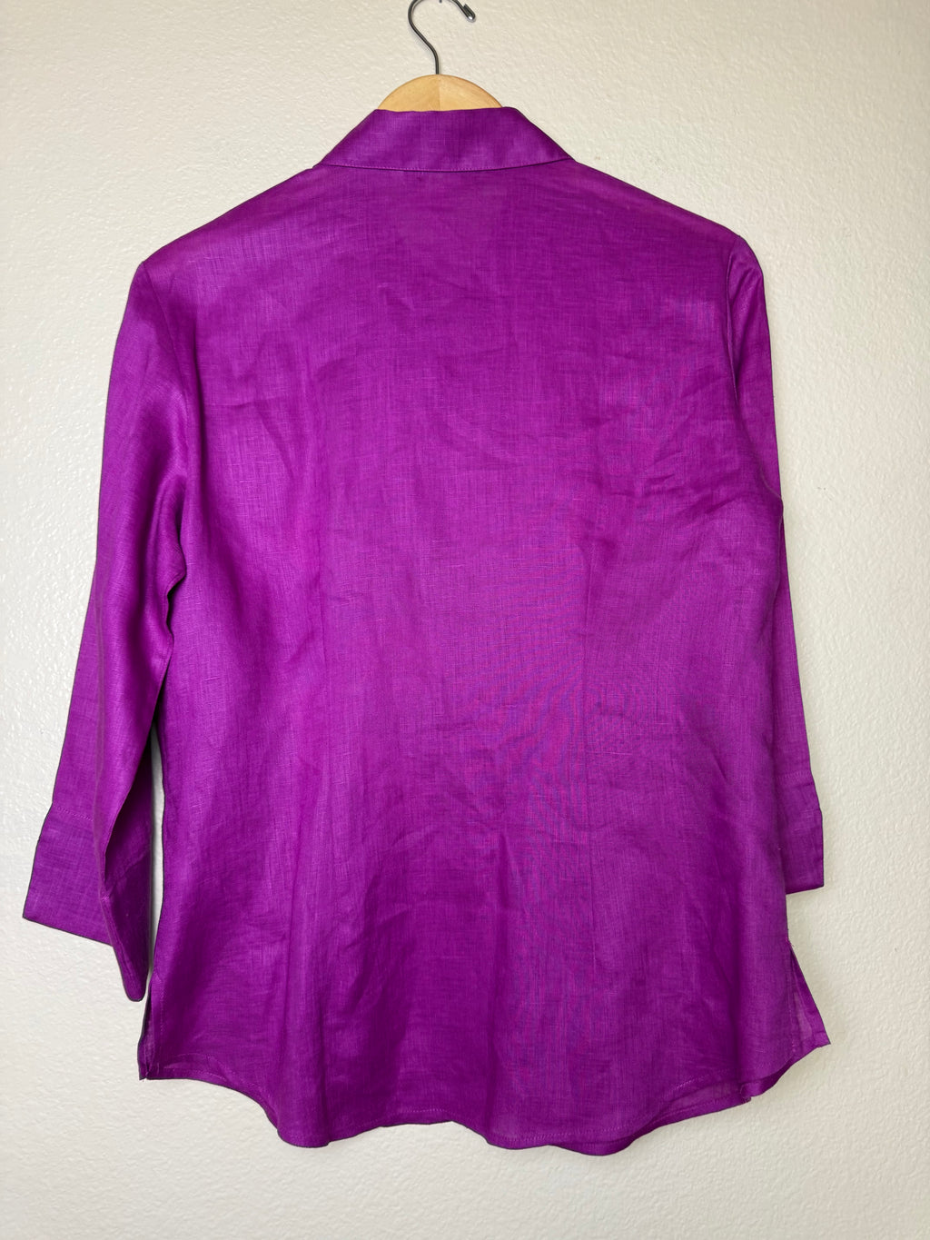 Nygard 100% Linen Size 10 Purple With Flower Emboridery 3/4 Sleeve Button Down Shirt