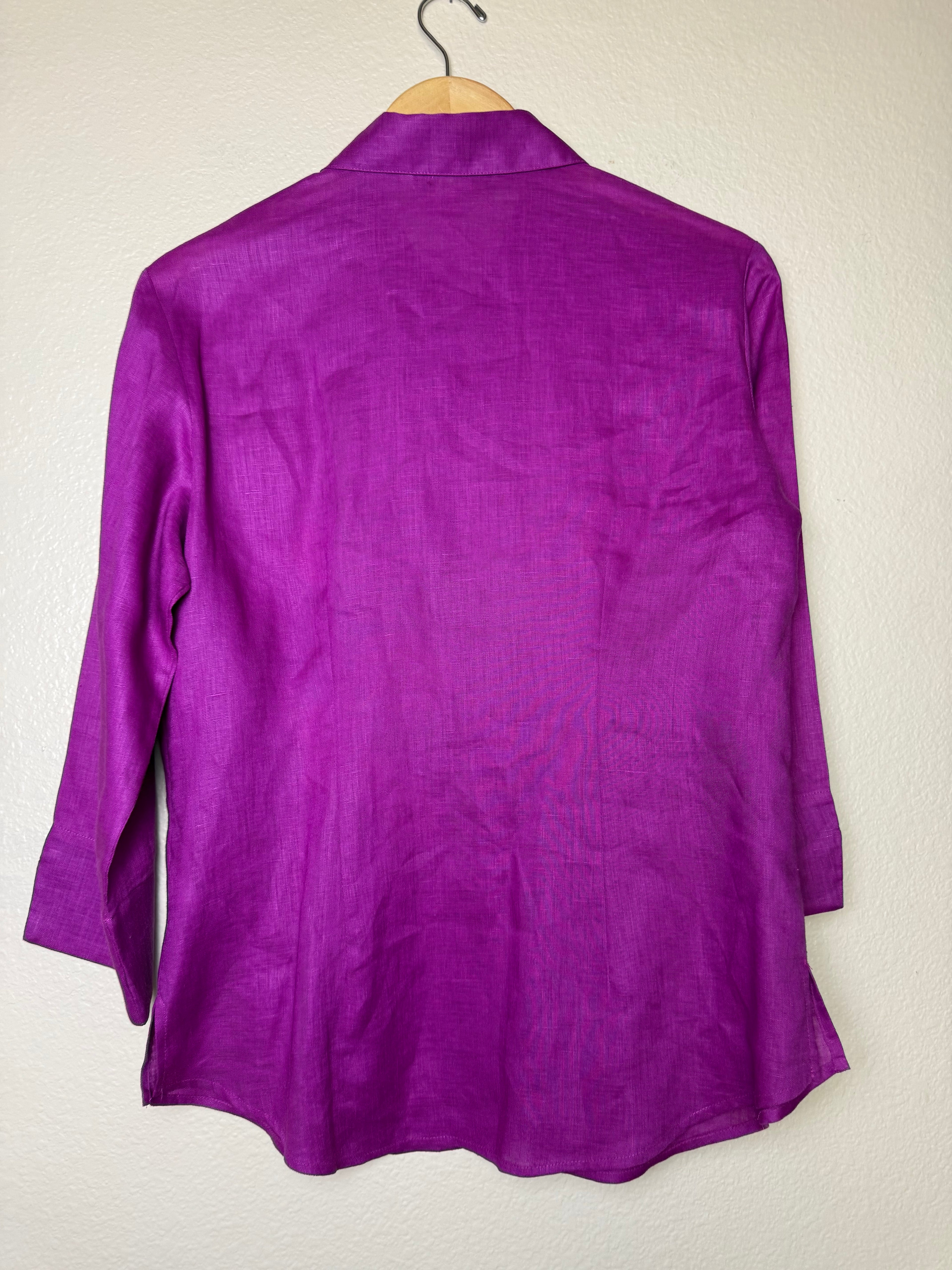 Nygard 100% Linen Size 10 Purple With Flower Emboridery 3/4 Sleeve Button Down Shirt