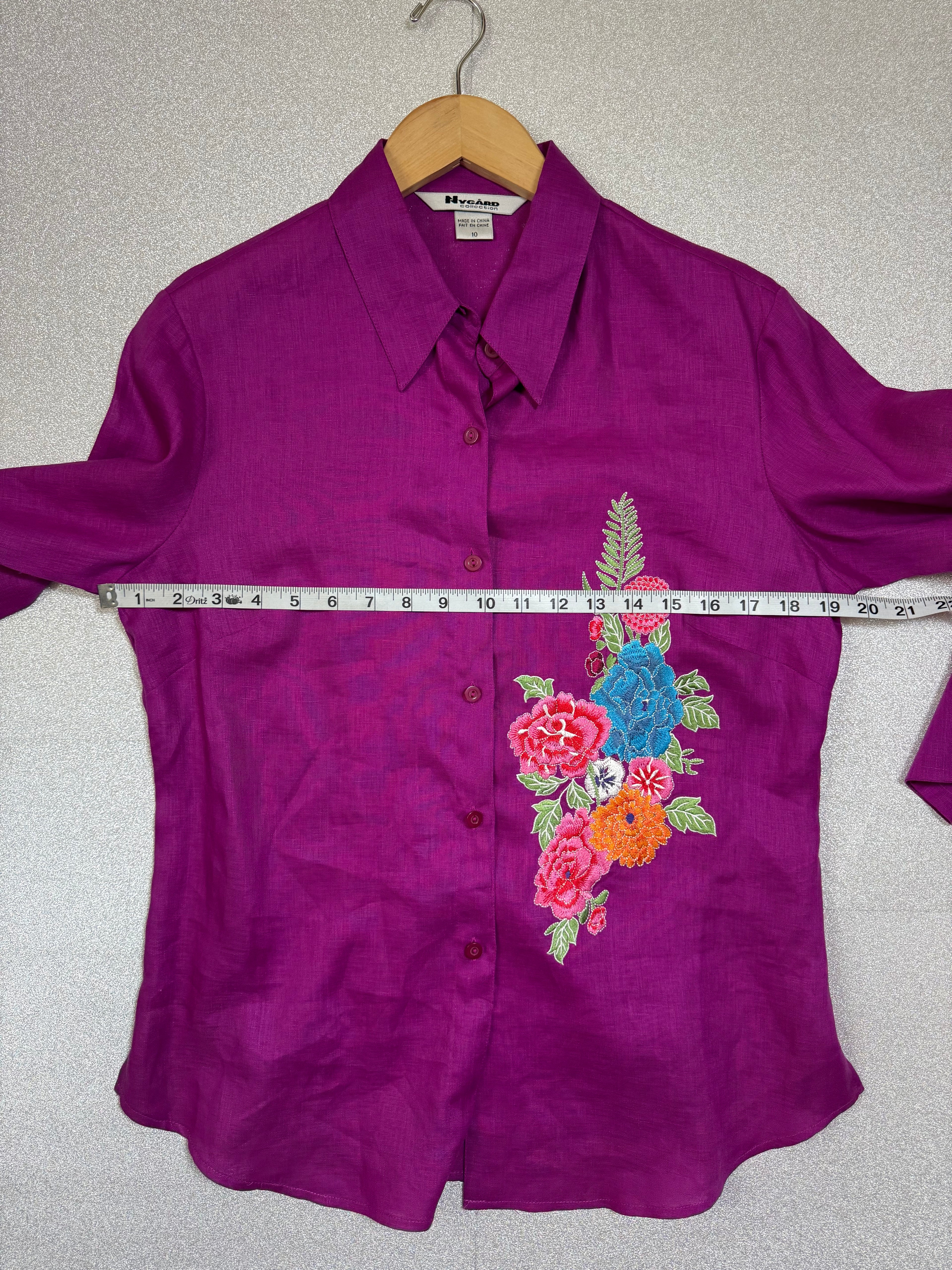 Nygard 100% Linen Size 10 Purple With Flower Emboridery 3/4 Sleeve Button Down Shirt
