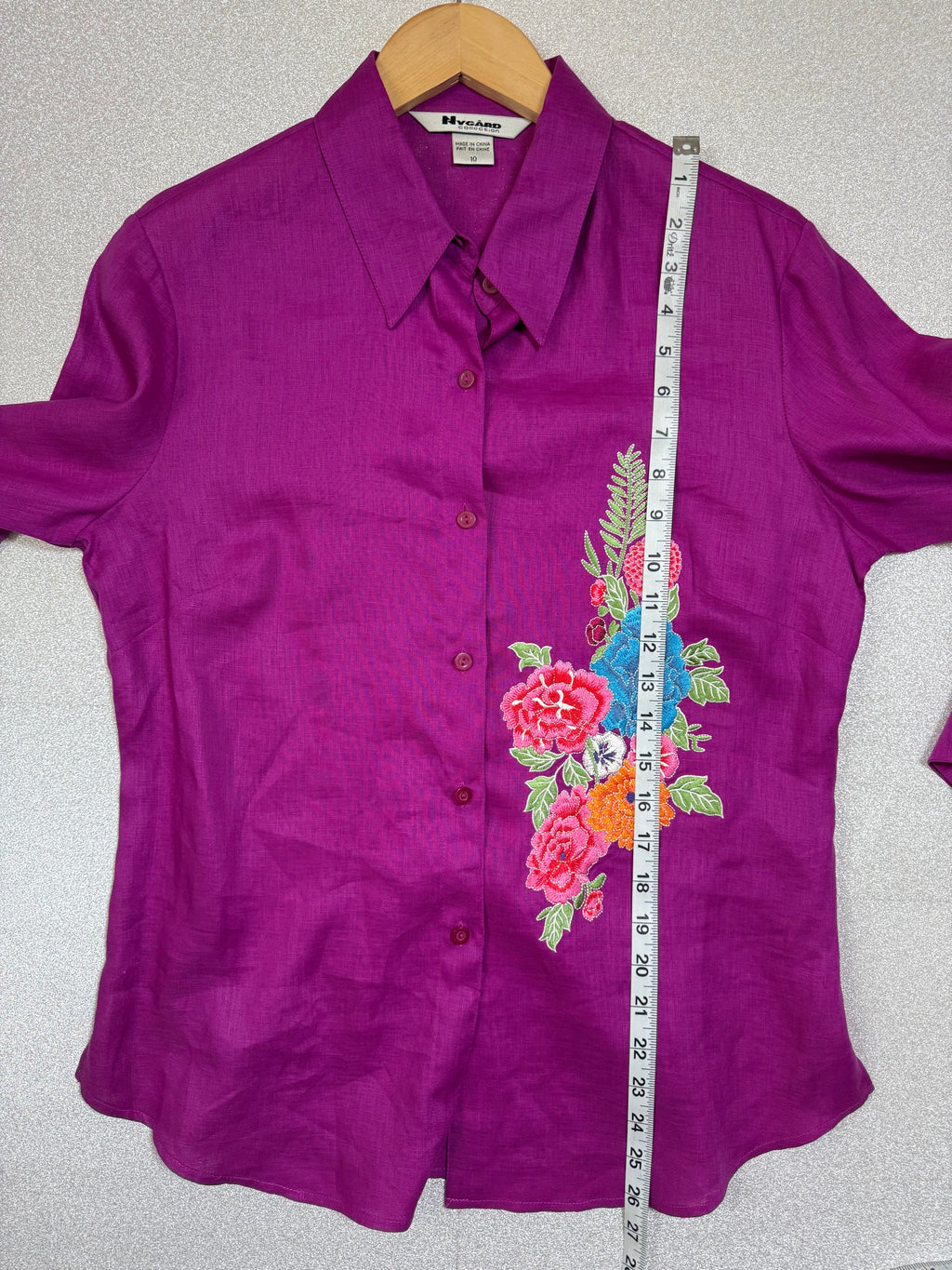 Nygard 100% Linen Size 10 Purple With Flower Emboridery 3/4 Sleeve Button Down Shirt