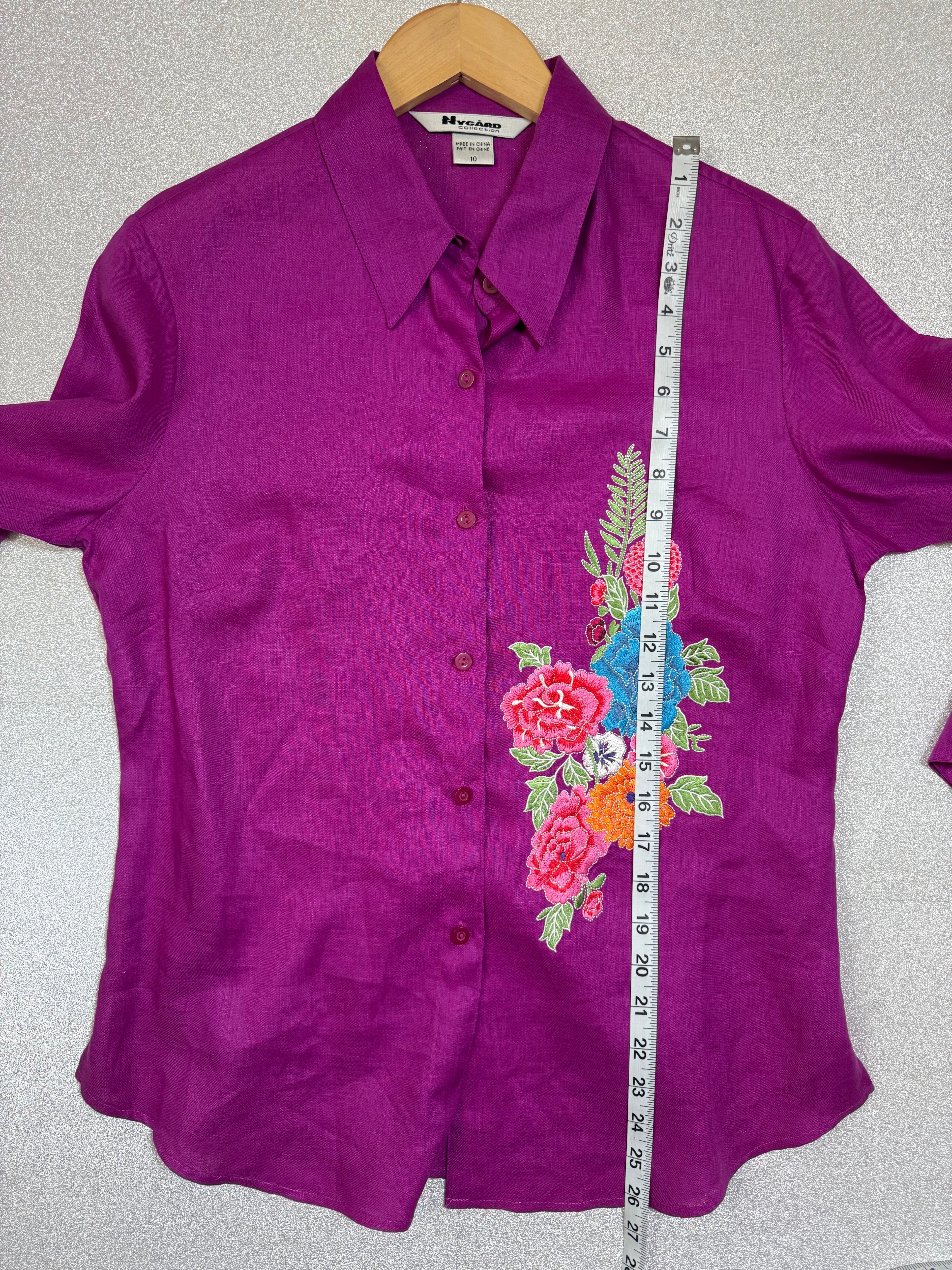 Nygard 100% Linen Size 10 Purple With Flower Emboridery 3/4 Sleeve Button Down Shirt