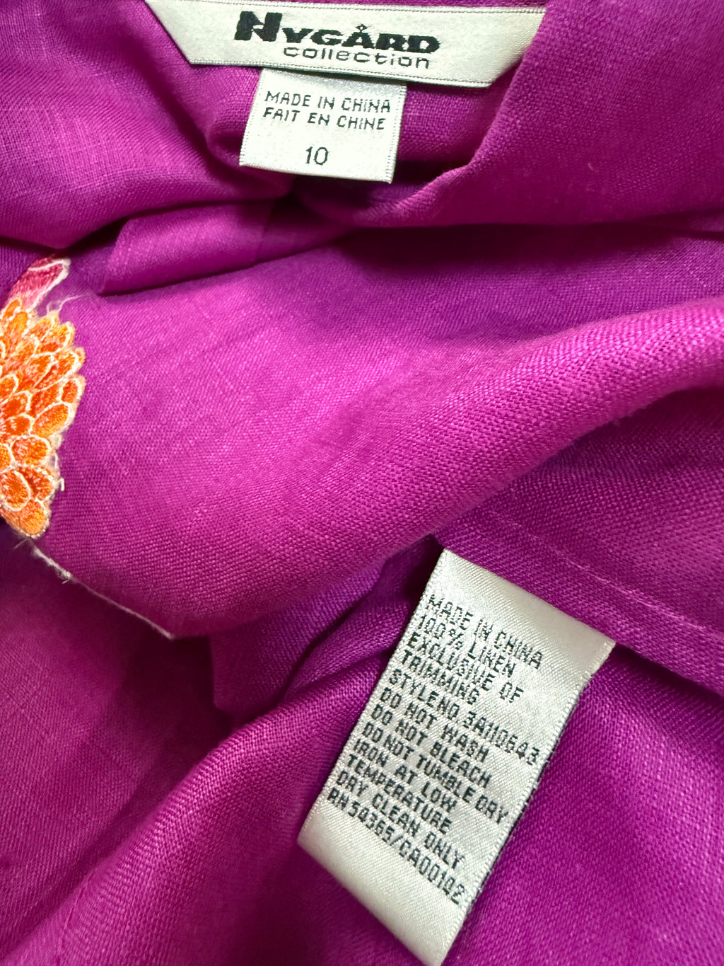 Nygard 100% Linen Size 10 Purple With Flower Emboridery 3/4 Sleeve Button Down Shirt
