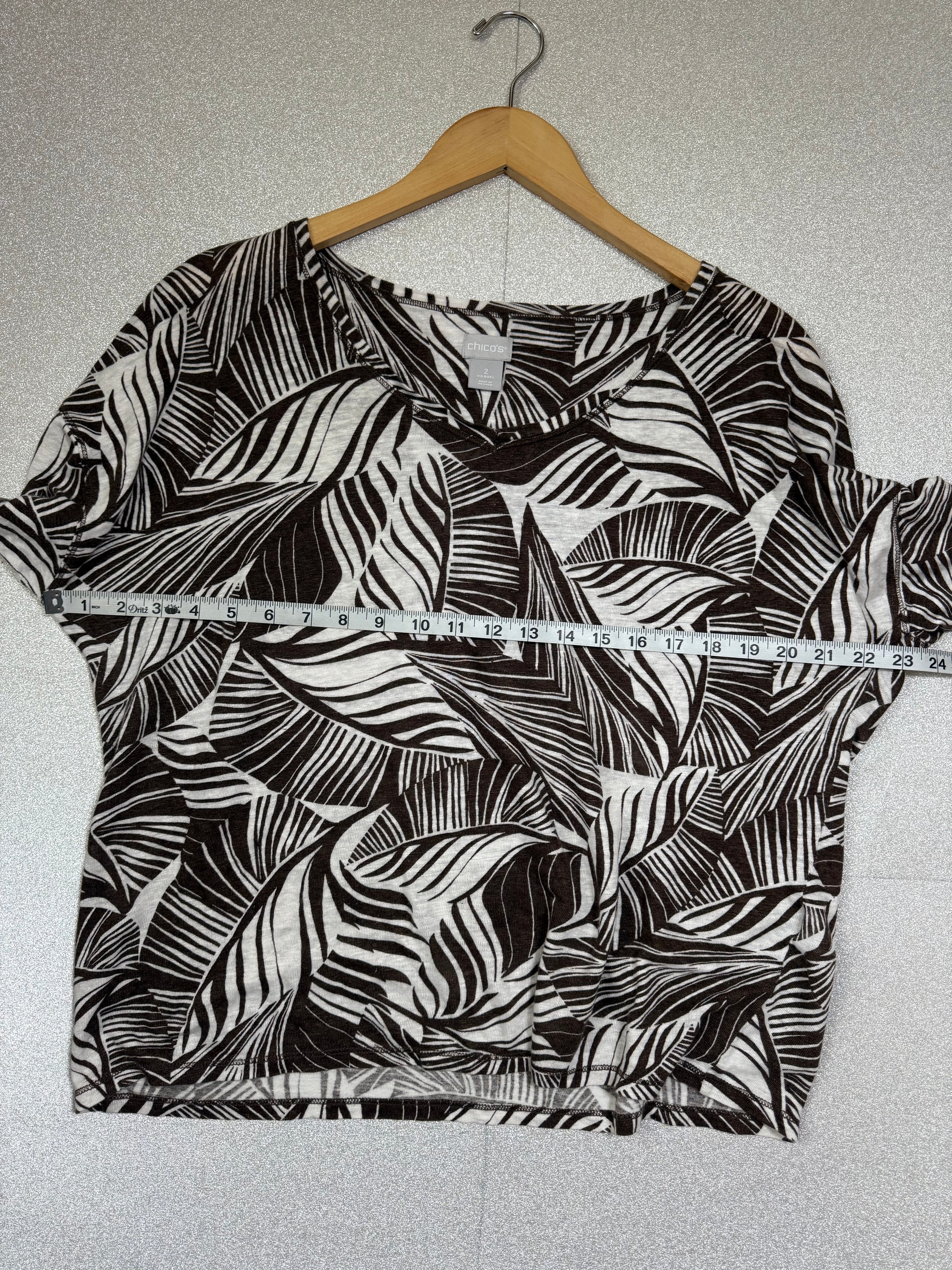 Chico's 100% Linen Size 2 (L, Size 12) Plant Print Short Sleeve Shirt