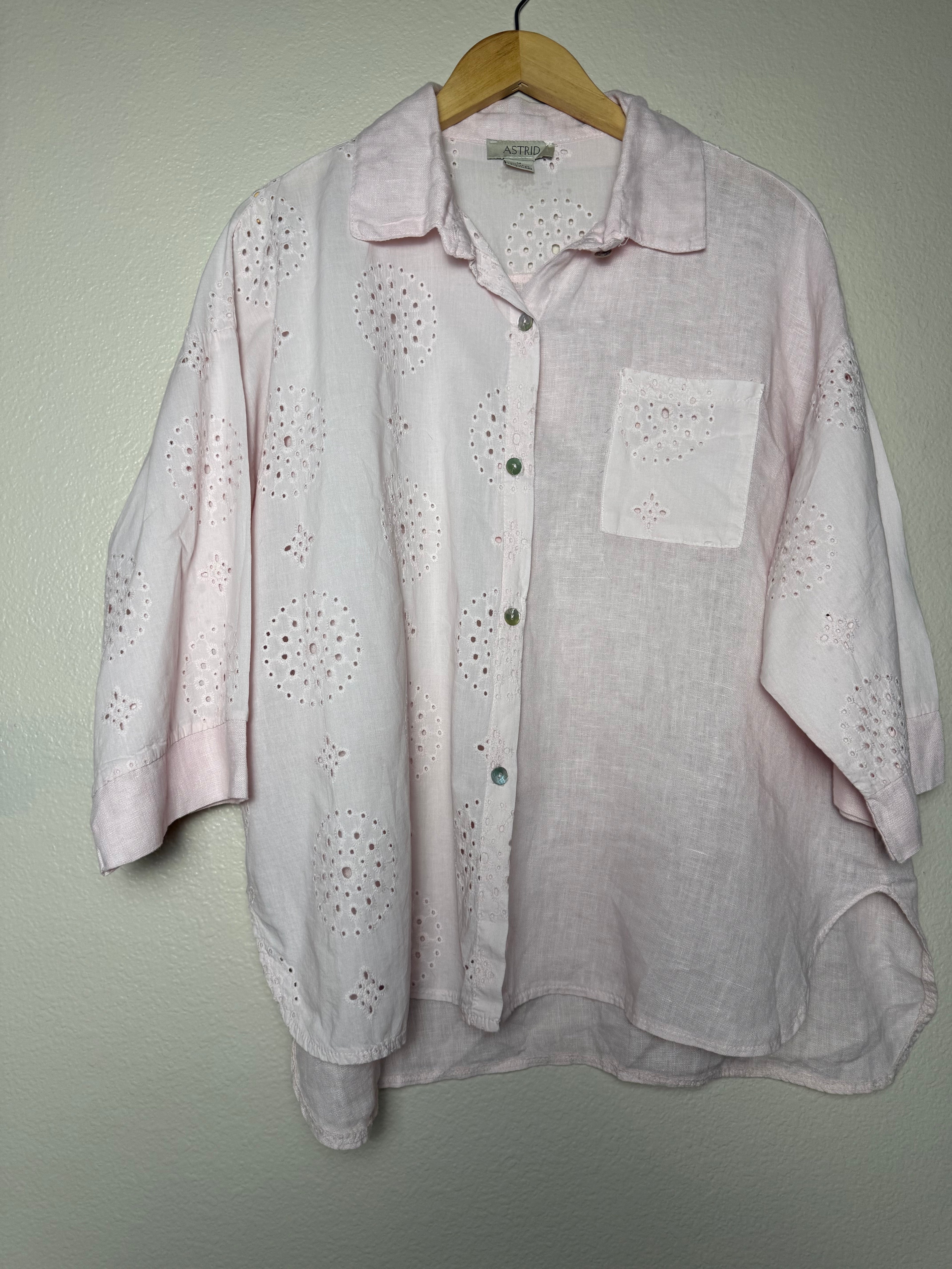 Astrid 100% Linen M Light Pink 3/4 Sleeve Button Down Shirt