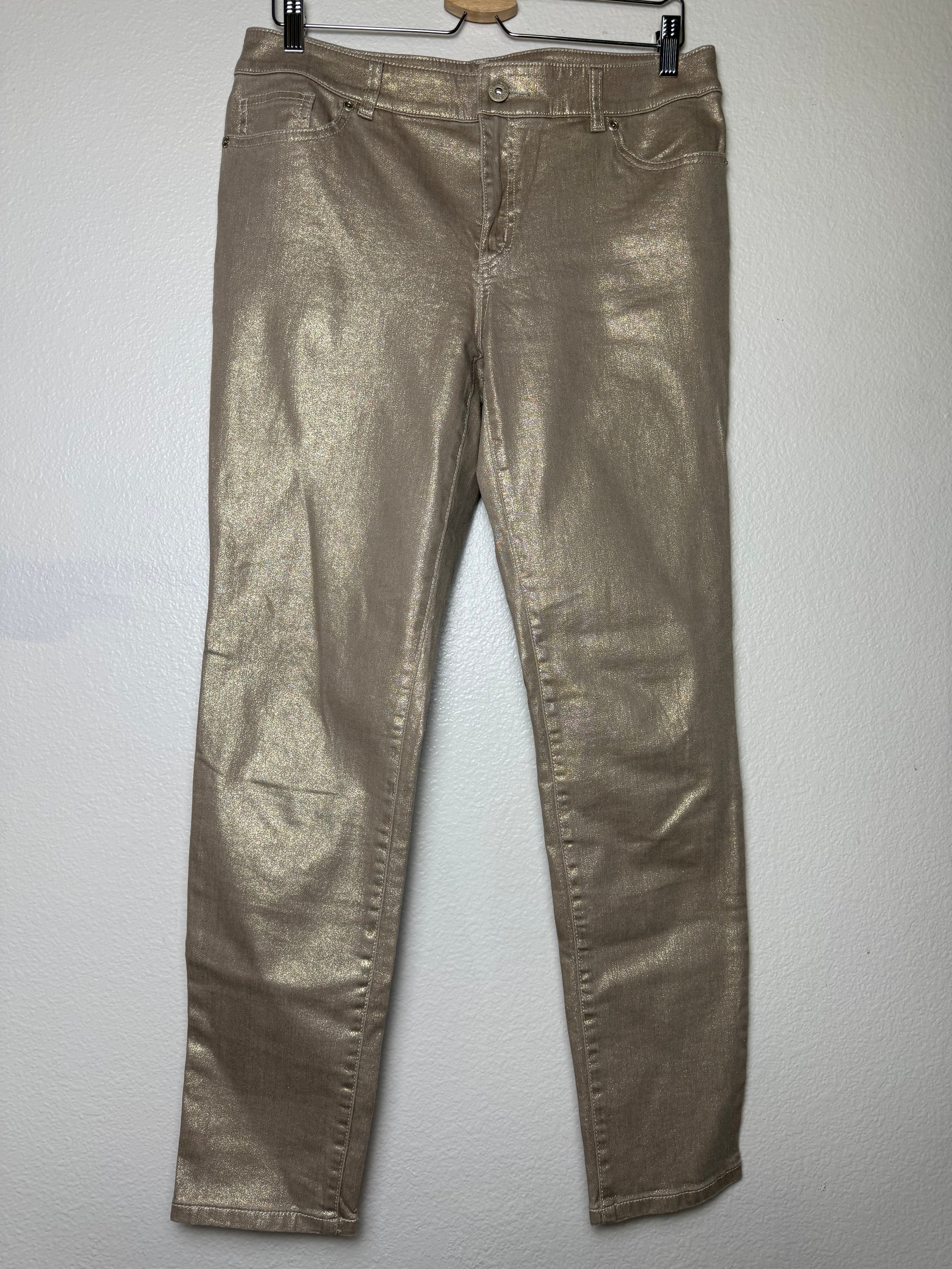 Chico's 98% Cotton 2% Spandex Size 1 (L, Size 10, Size 12) Metallic Gold Skinny Jeans