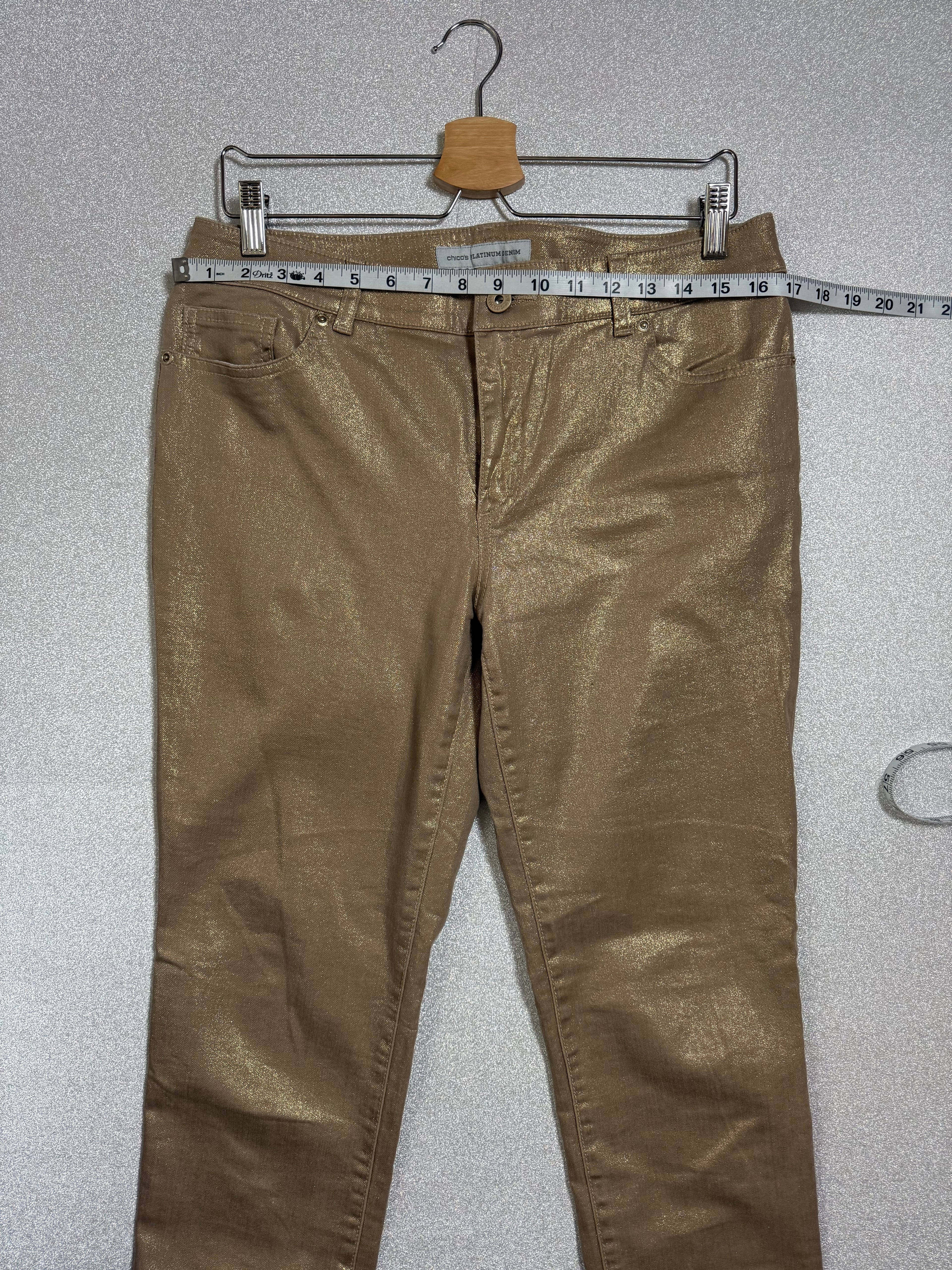 Chico's 98% Cotton 2% Spandex Size 1 (L, Size 10, Size 12) Metallic Gold Skinny Jeans