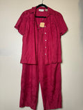 Lemon Grass 55% Silk 45% Rayon S M Red Flower Design Button Down Shirt and Capri Pants Set