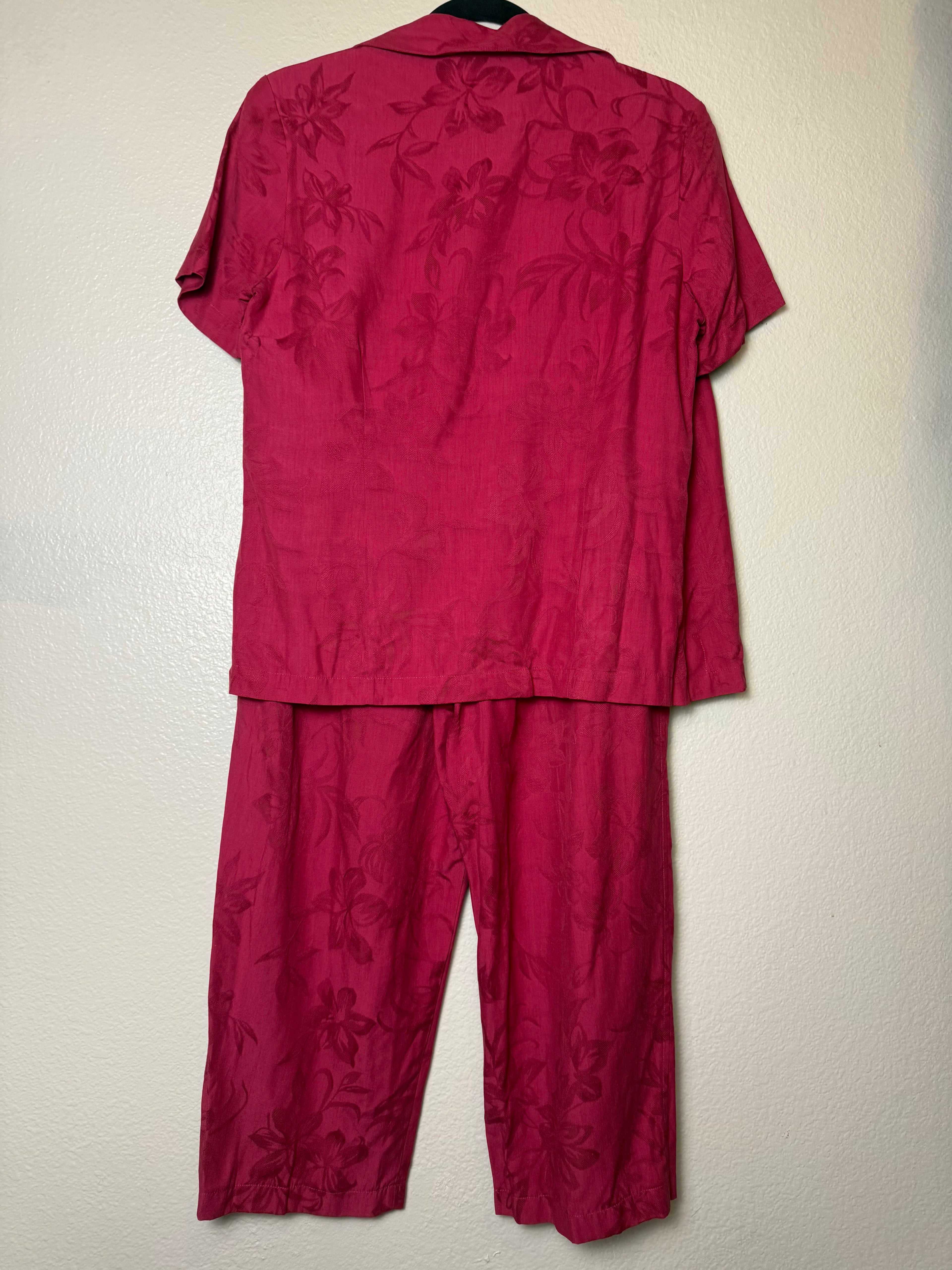 Lemon Grass 55% Silk 45% Rayon S M Red Flower Design Button Down Shirt and Capri Pants Set