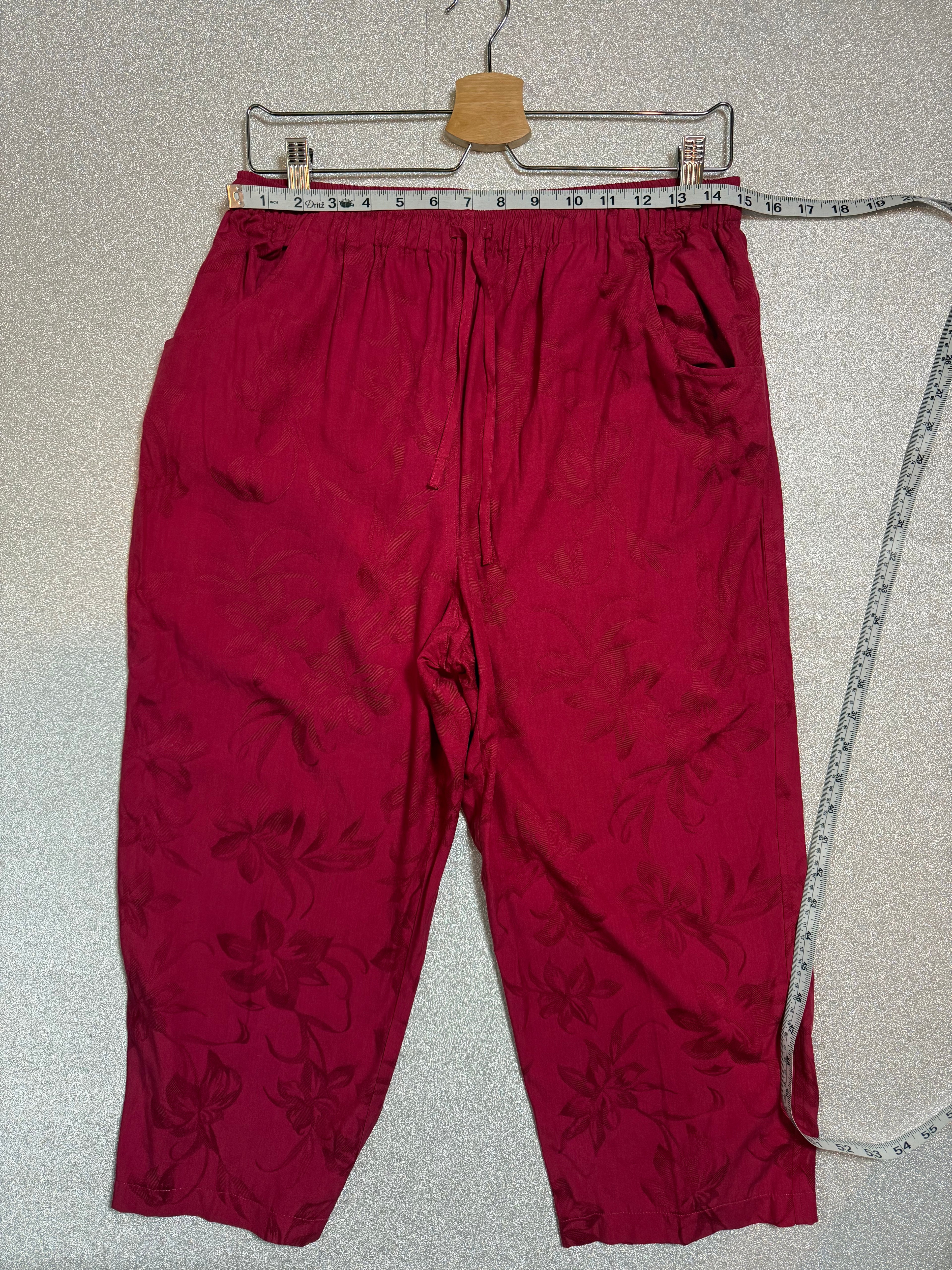 Lemon Grass 55% Silk 45% Rayon S M Red Flower Design Button Down Shirt and Capri Pants Set