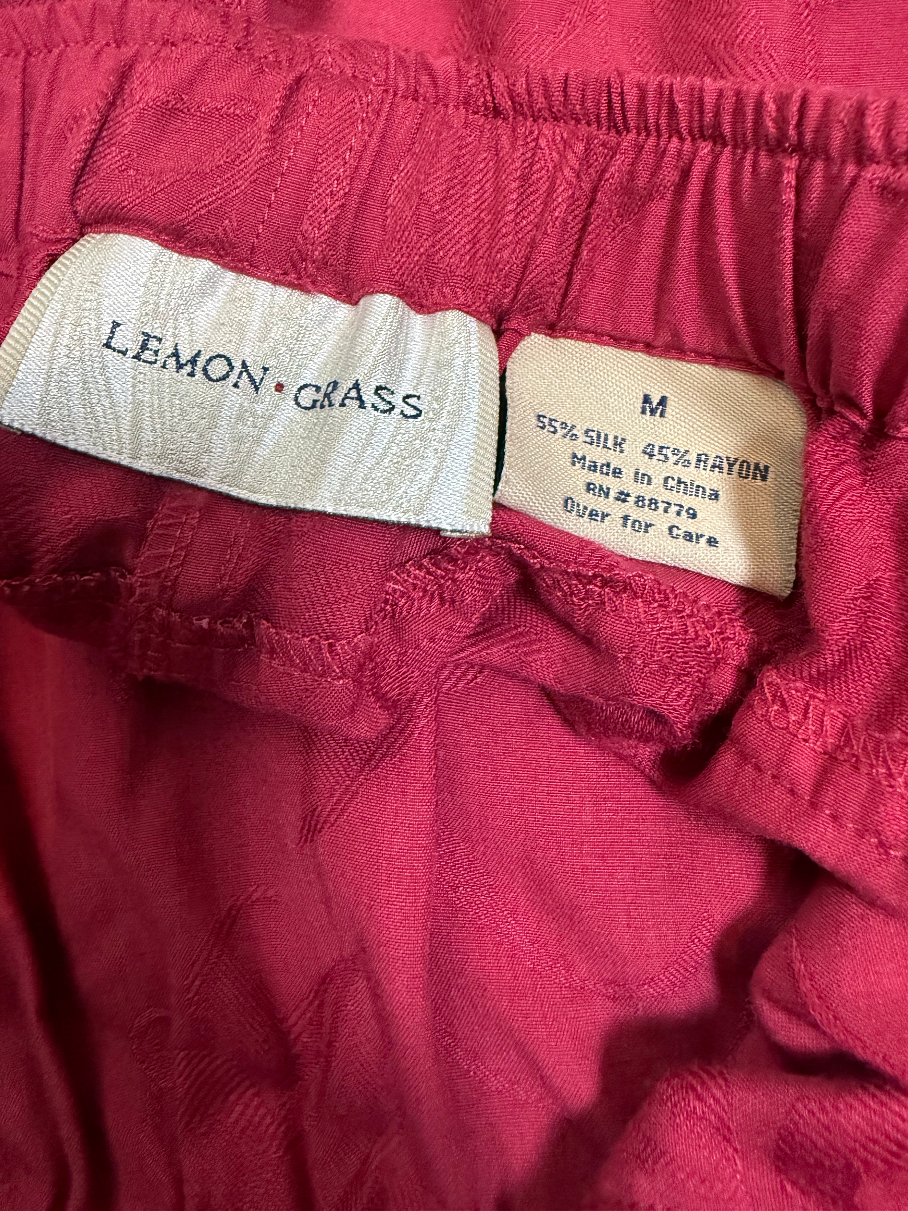 Lemon Grass 55% Silk 45% Rayon S M Red Flower Design Button Down Shirt and Capri Pants Set