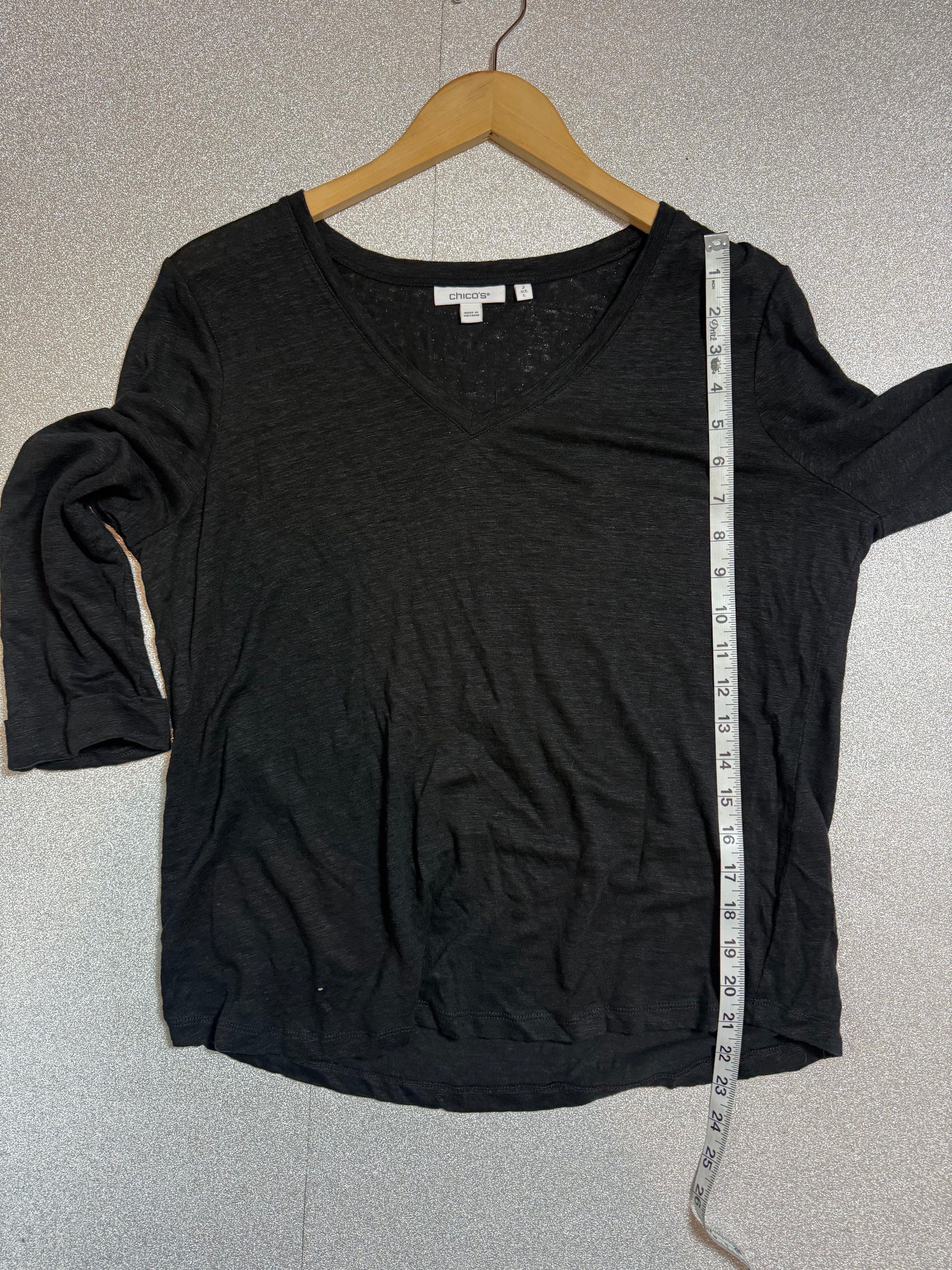 Chico's 100% Linen Size 2 (L) Black 3/4 Sleeve V-Neck Shirt