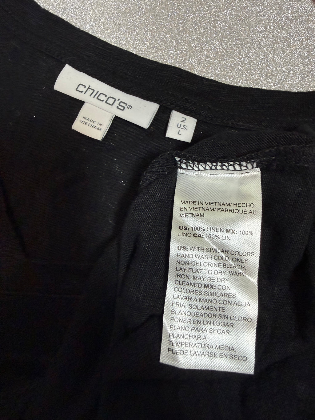 Chico's 100% Linen Size 2 (L) Black 3/4 Sleeve V-Neck Shirt